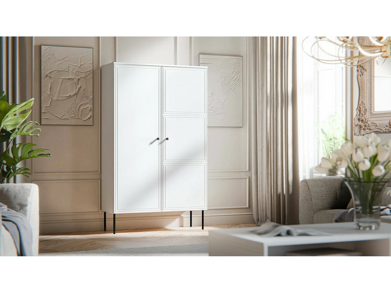 Armadio multiuso 2 ante Sedilo, Mobile multifunzionale con 6 ripiani interni, Finitura effetto liscio con disegni geometrici, 100x39 h166 cm, Bianco