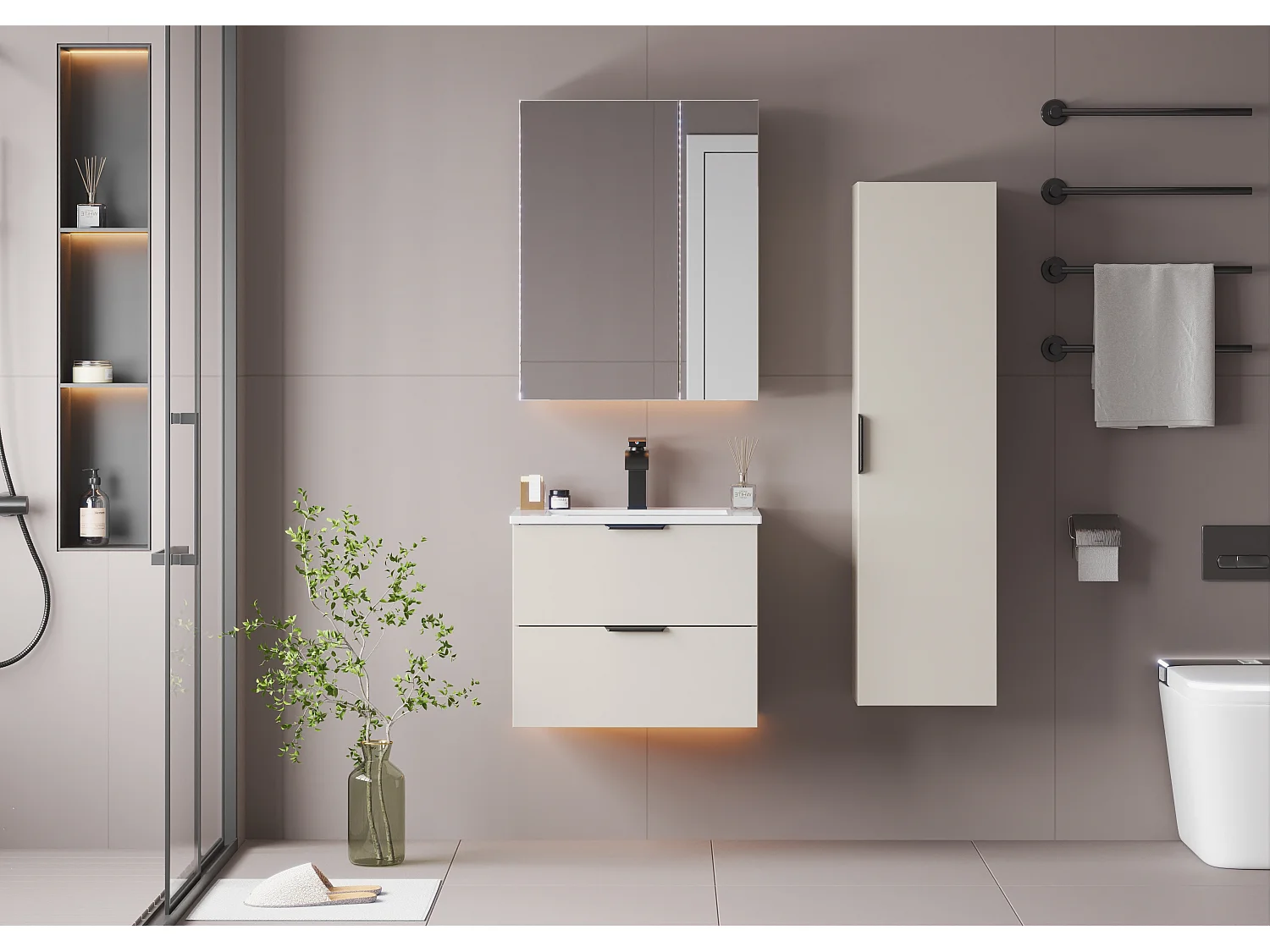 Ensemble de salle de bain en cachemire 60 cm Armoire avec plateau Pile