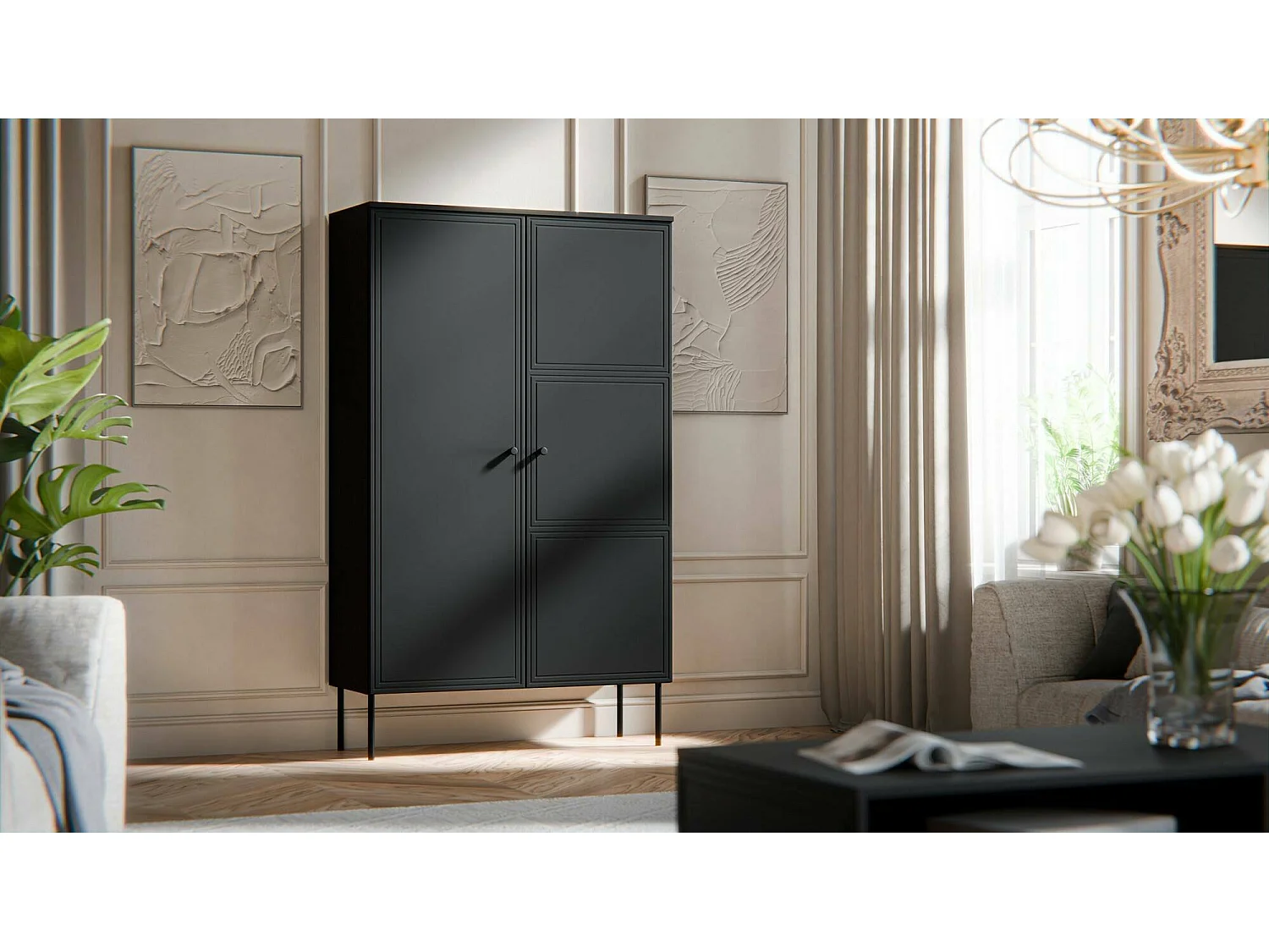 Armário Multiuso Sedilo 2 Portas, 6 Prateleiras, 100x166h cm Preto, Abertura de Bater, 2 Portas