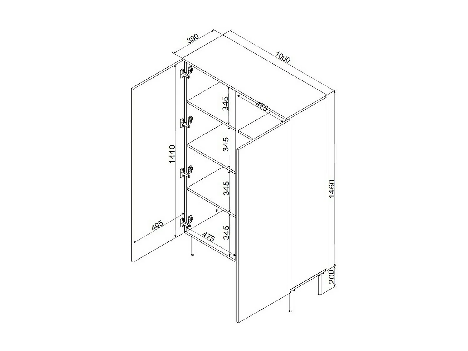 Armário Multiuso Sedilo 2 Portas, 6 Prateleiras, 100x166h cm Preto, Abertura de Bater, 2 Portas