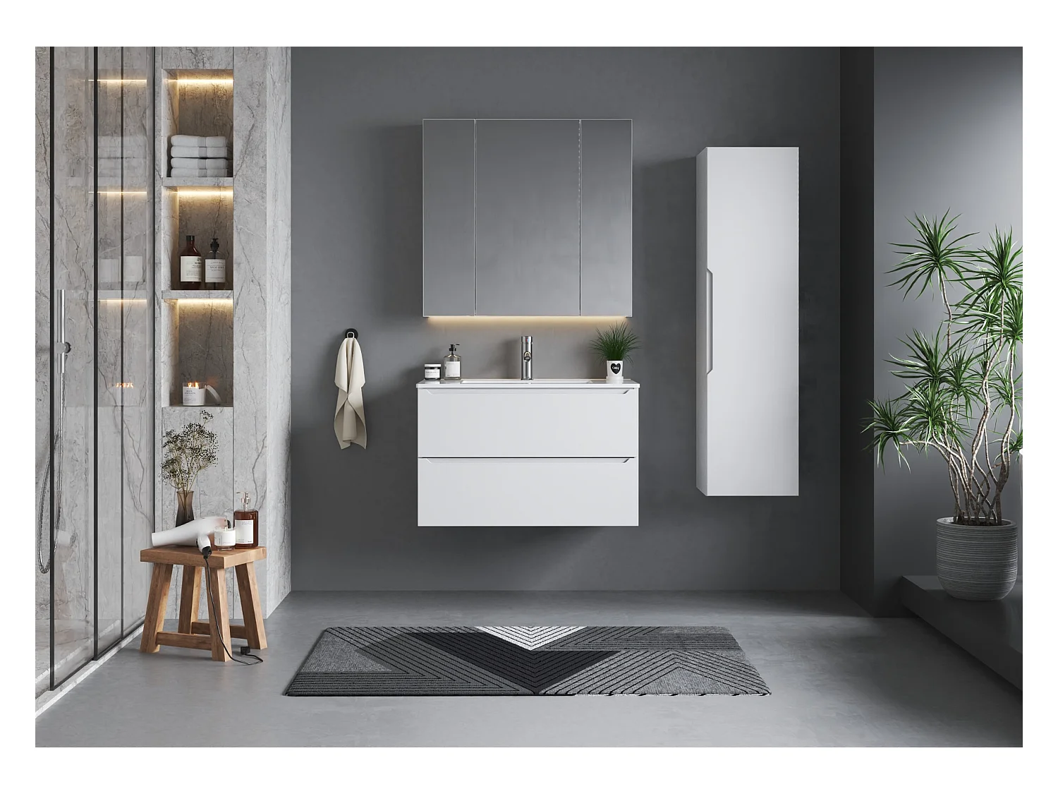 Weißer Waschtischunterschrank 80 cm, 2 Schubladen Etna