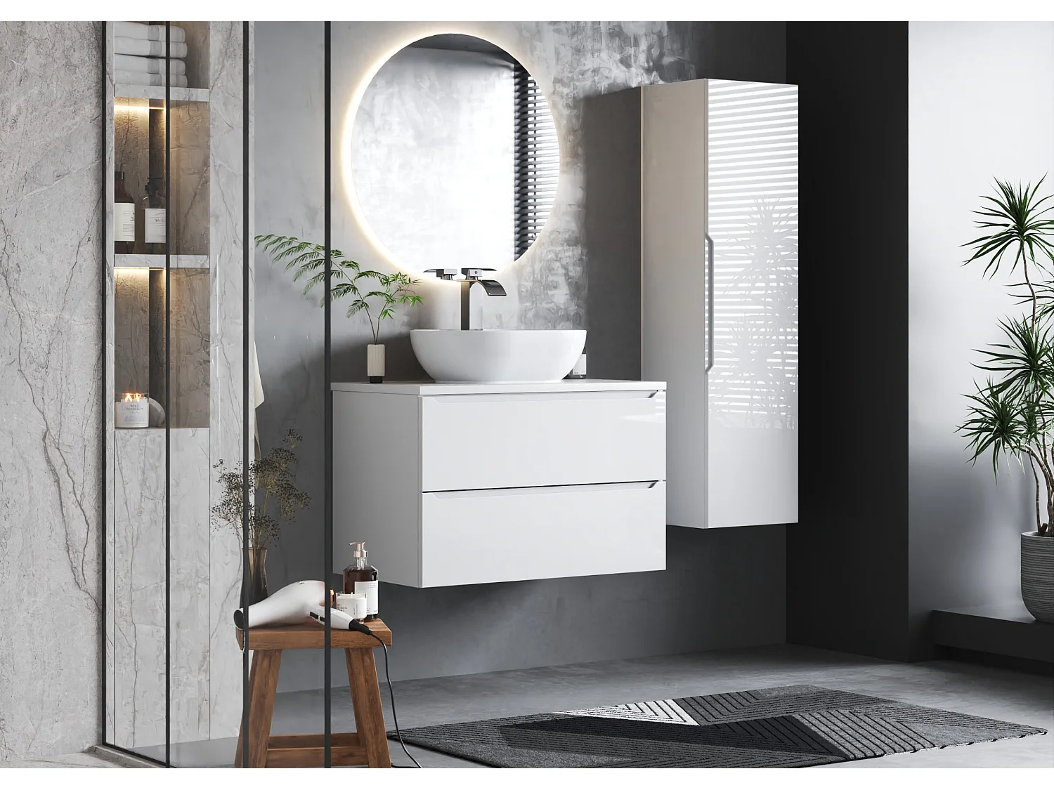 Armoire blanche sous lavabo 80 cm, 2 tiroirs Etna