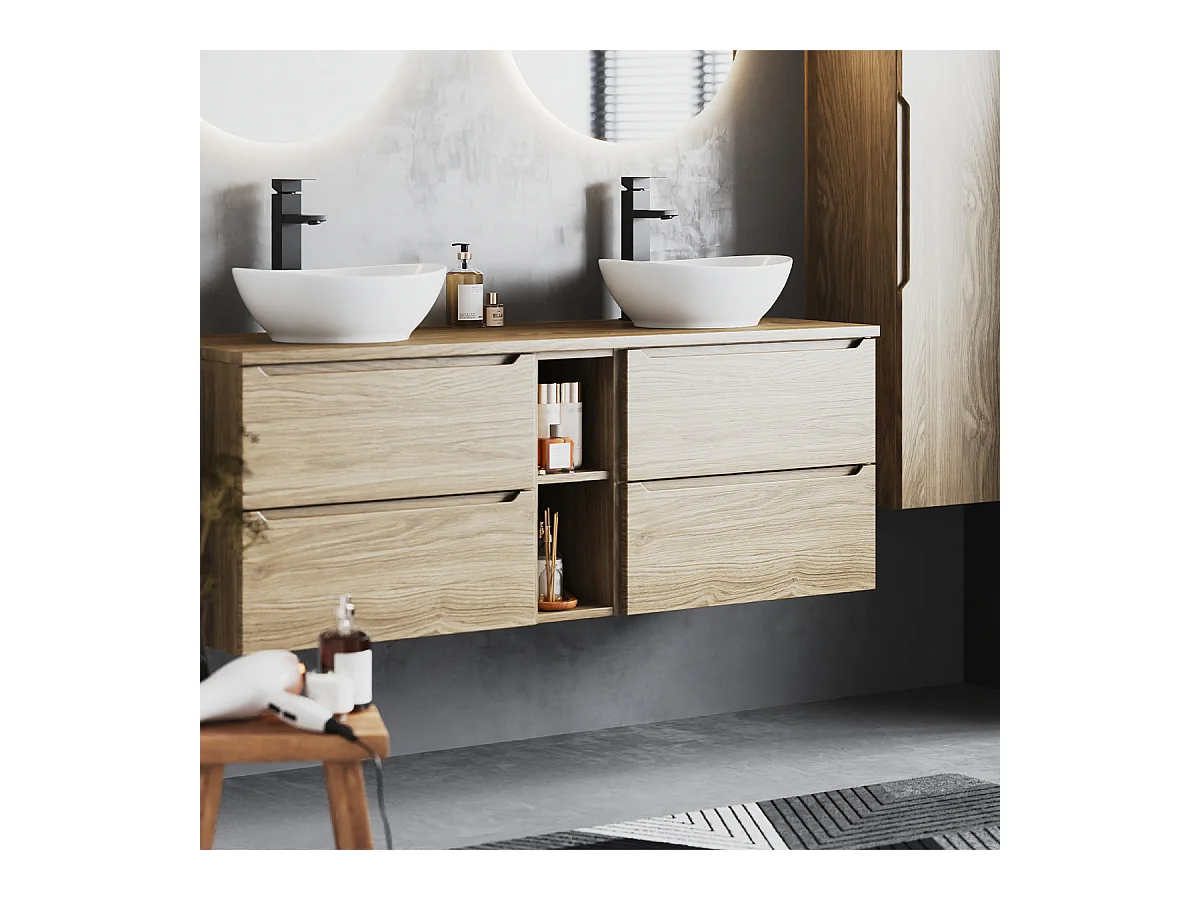 Ensemble pour salle de bain 140 cm Armoire Étagère Plan de travail Chêne huilé Etna