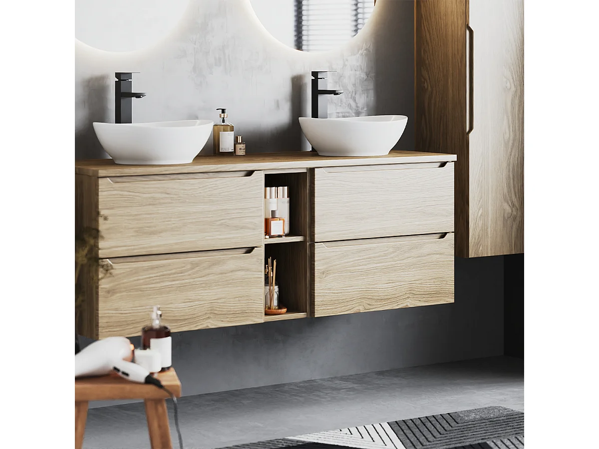 Ensemble pour salle de bain 140 cm Armoire Étagère Plan de travail Chêne huilé Etna