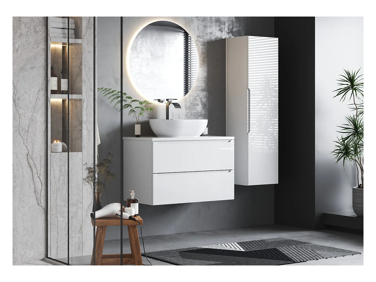 Ensemble blanc pour salle de bain 80 cm Armoire avec plateau Etna