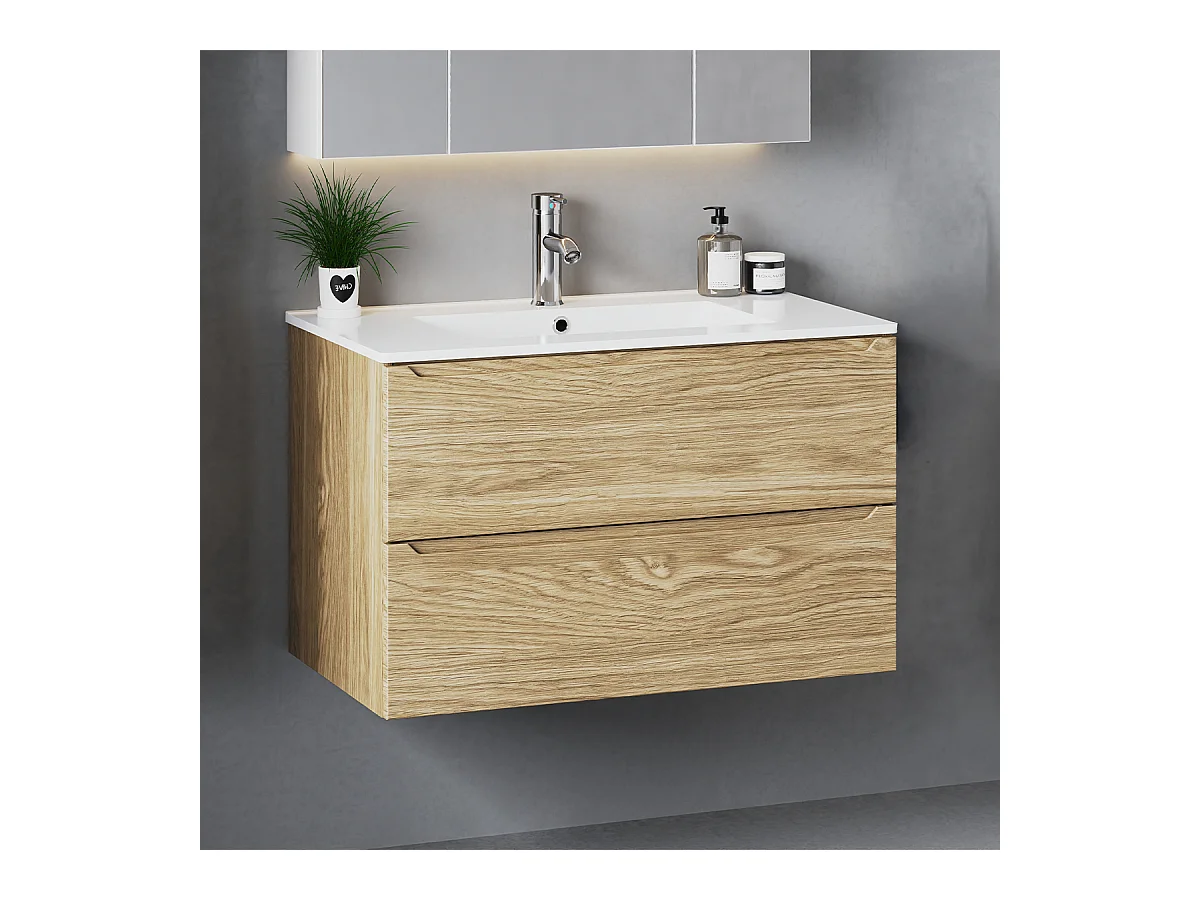 Meuble sous lavabo 80 cm, 2 tiroirs, chêne huilé Etna