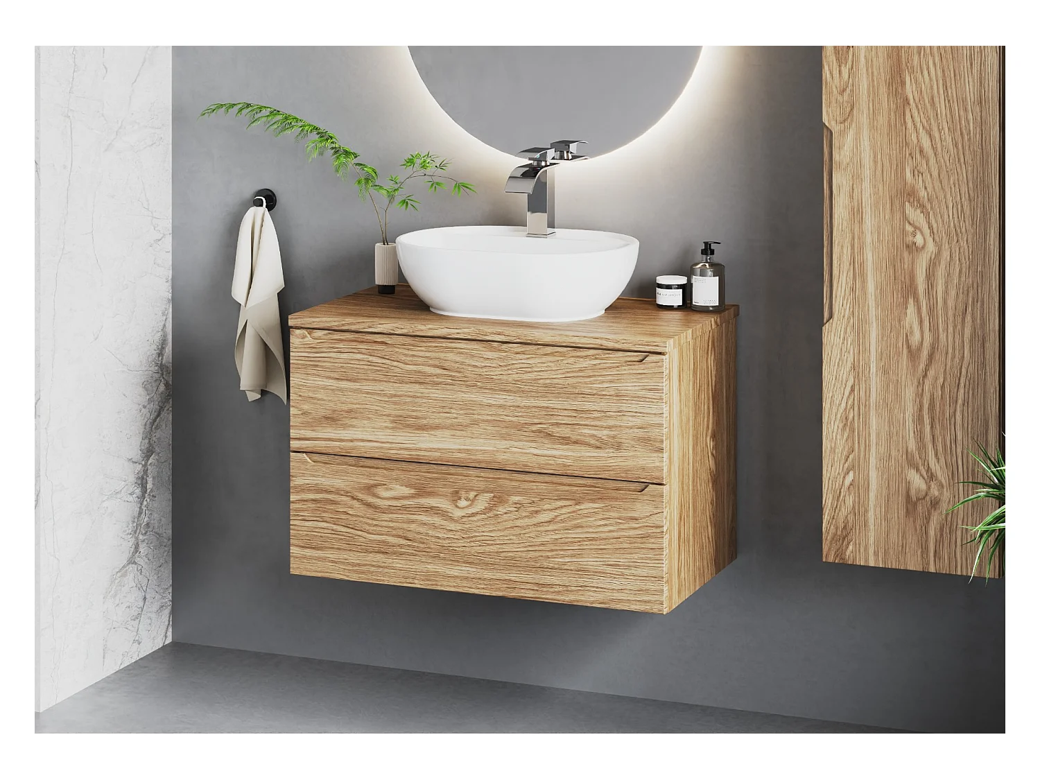 Meuble sous lavabo 80 cm, 2 tiroirs, chêne huilé Etna