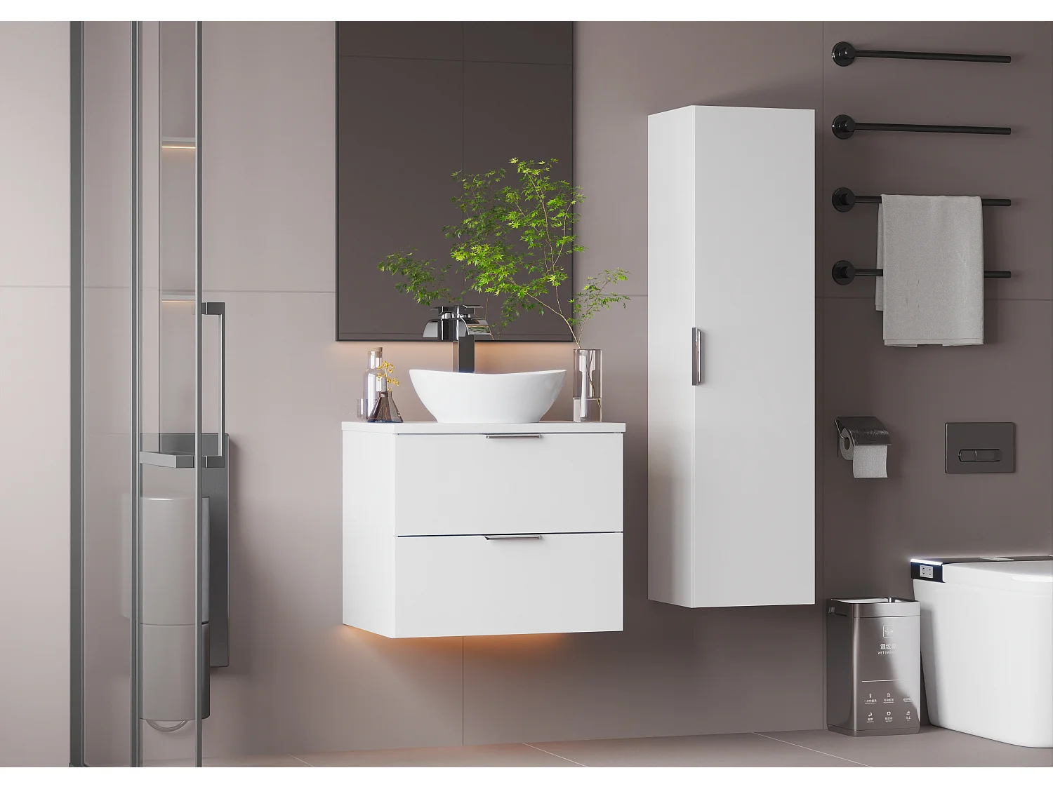 Ensemble blanc pour salle de bain 60 cm Armoire avec plateau Pile