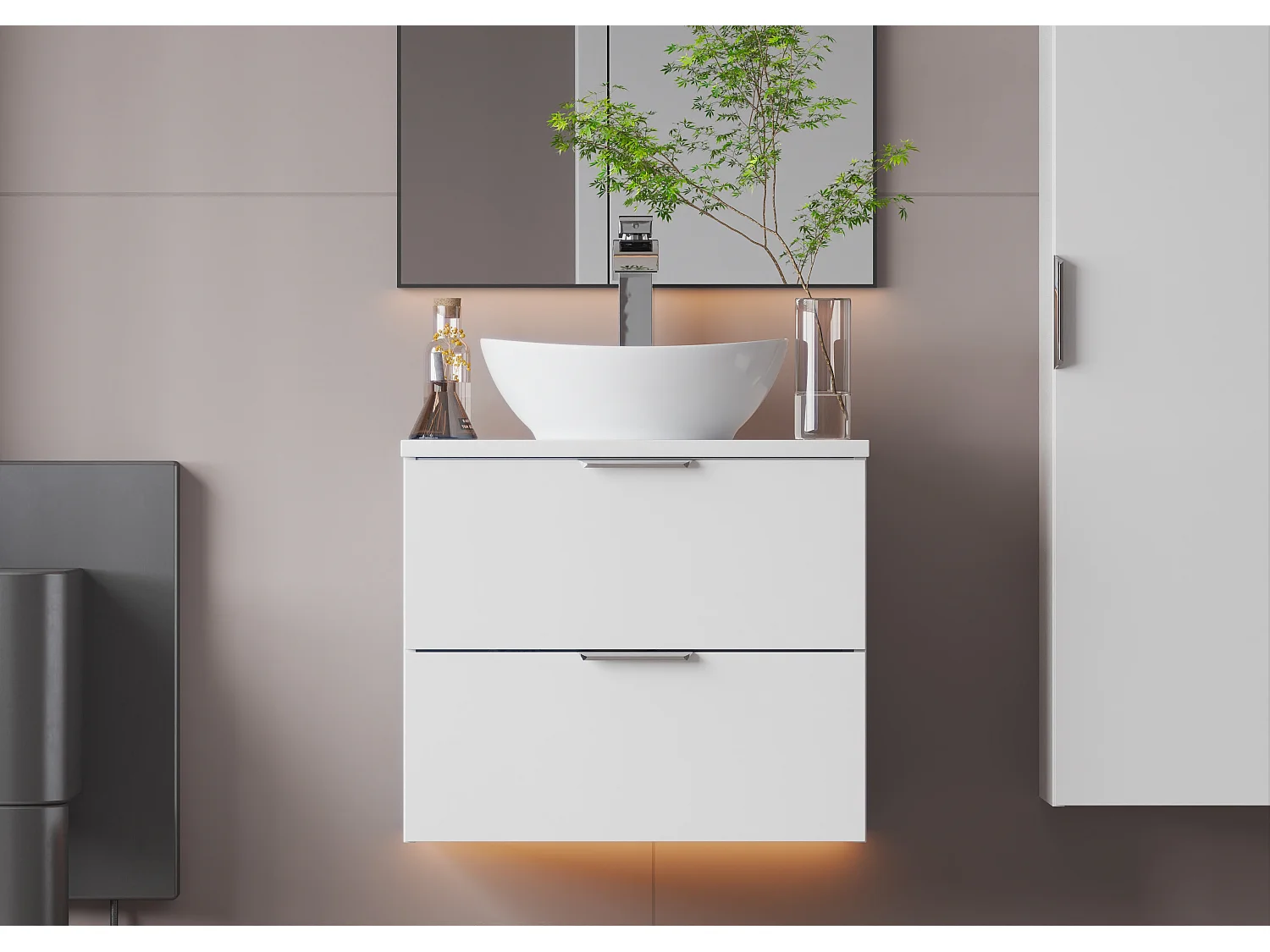 Ensemble blanc pour salle de bain 60 cm Armoire avec plateau Pile