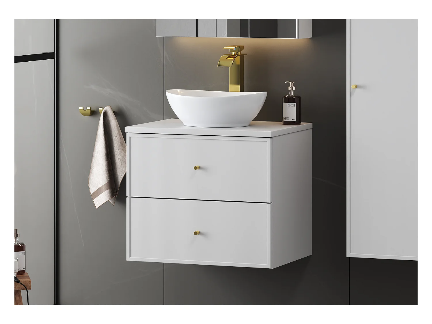 Ensemble blanc pour salle de bain 60 cm Armoire avec plateau Marco