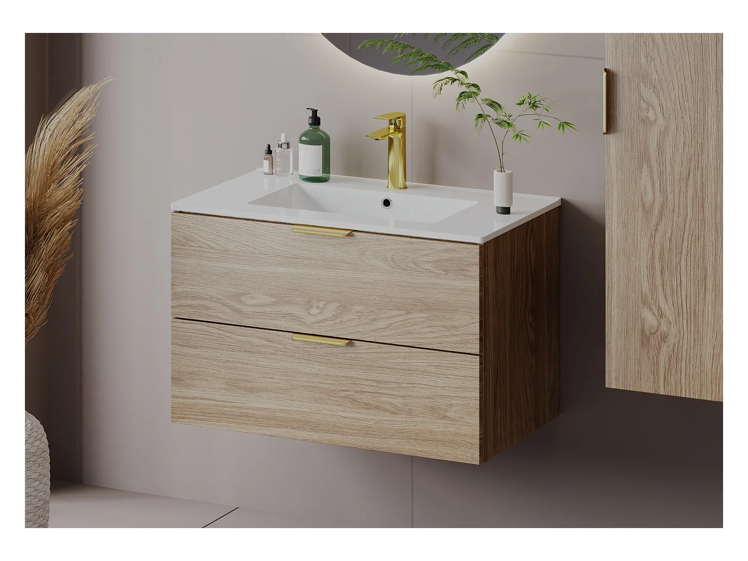 Meuble sous lavabo 80 cm 2 tiroirs Chêne huilé Pile