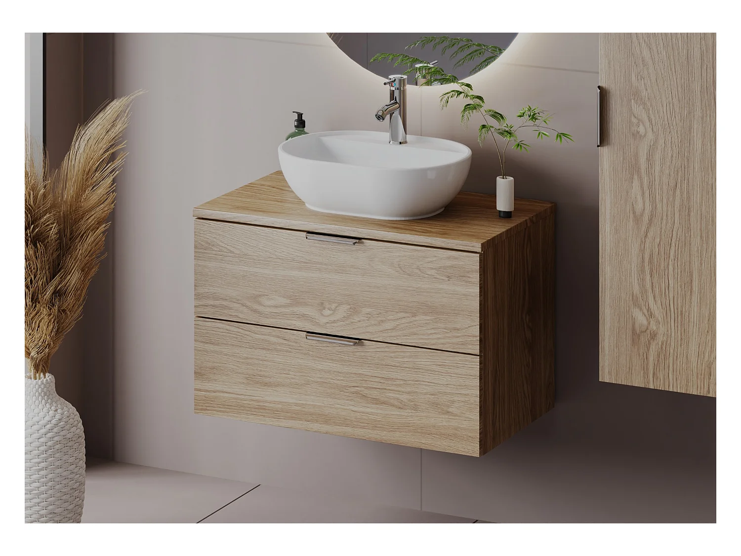 Meuble sous lavabo 80 cm 2 tiroirs Chêne huilé Pile