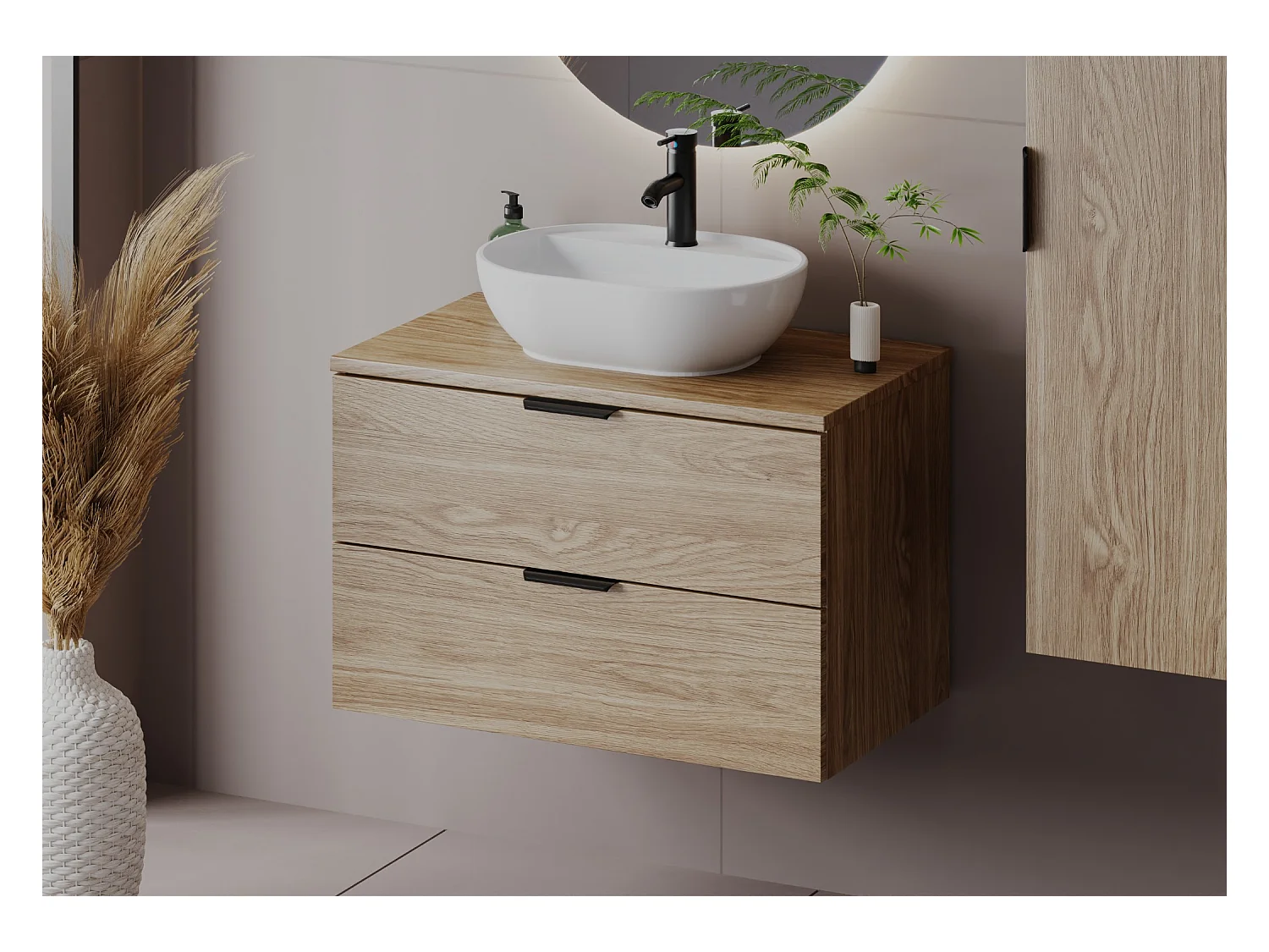 Meuble sous lavabo 80 cm 2 tiroirs Chêne huilé Pile