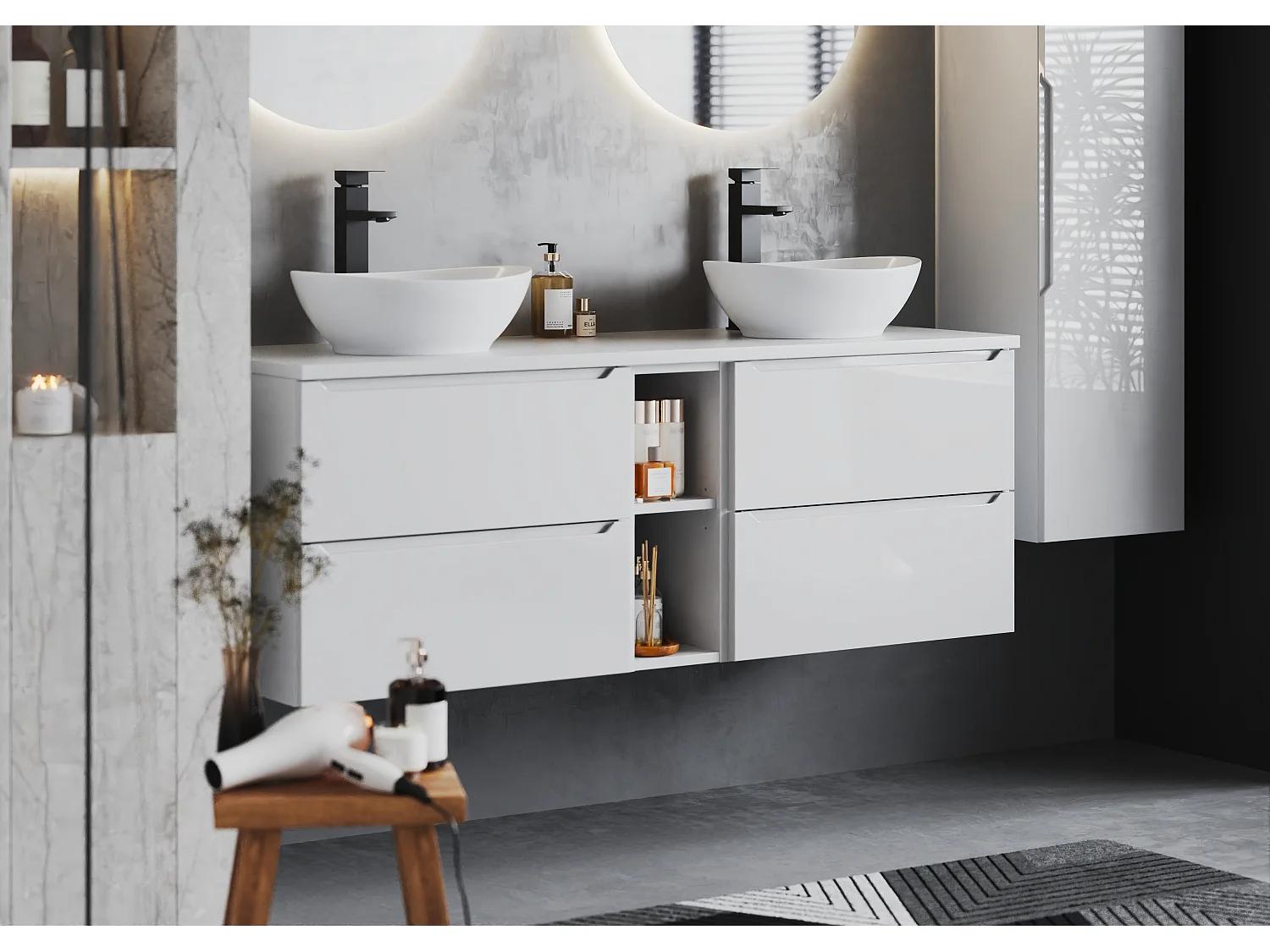 Ensemble blanc pour salle de bain 140 cm Armoire Étagère Plan de travail Etna