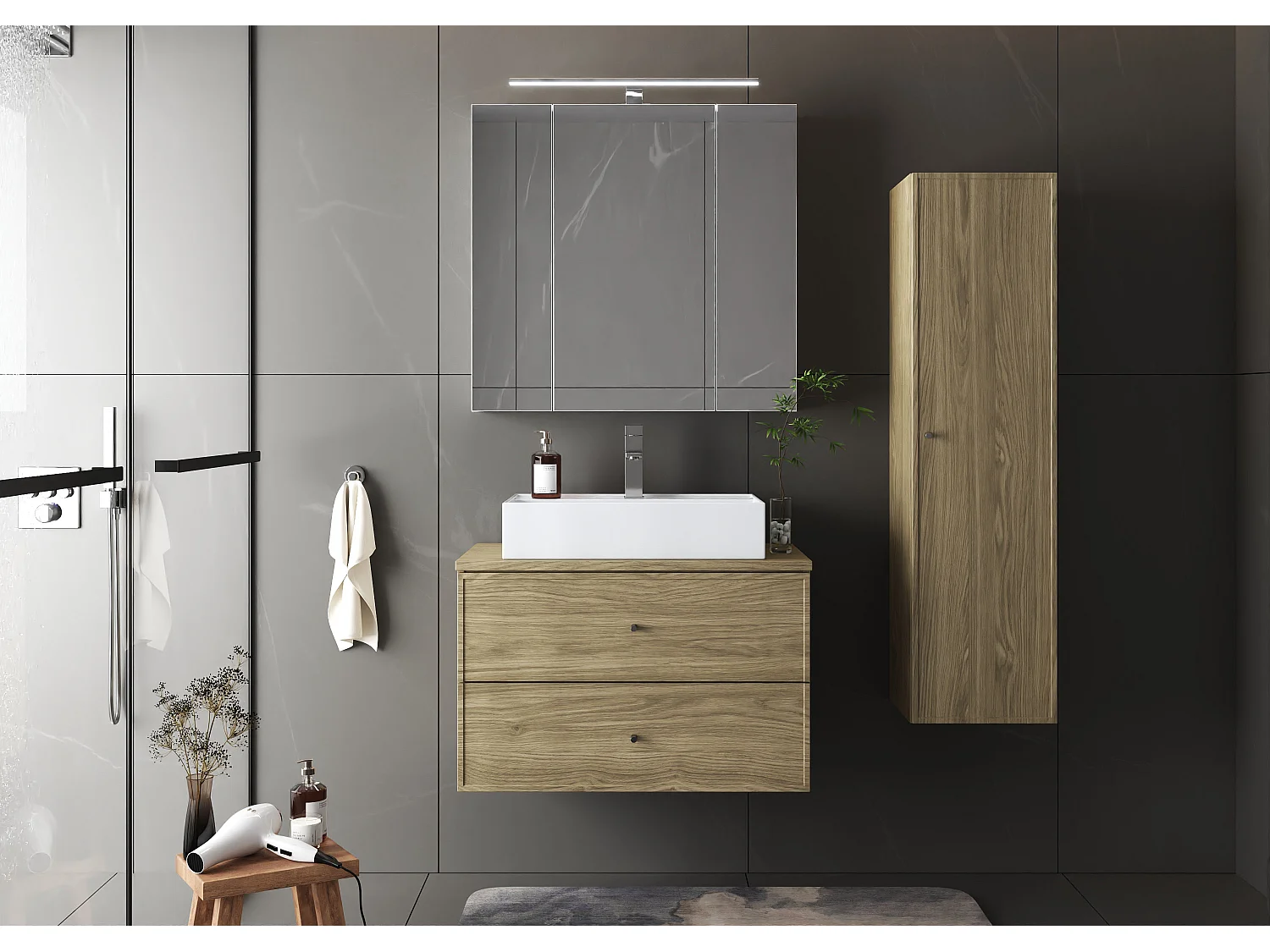 Ensemble pour salle de bain 80 cm Armoire avec plateau Chêne huilé Marco