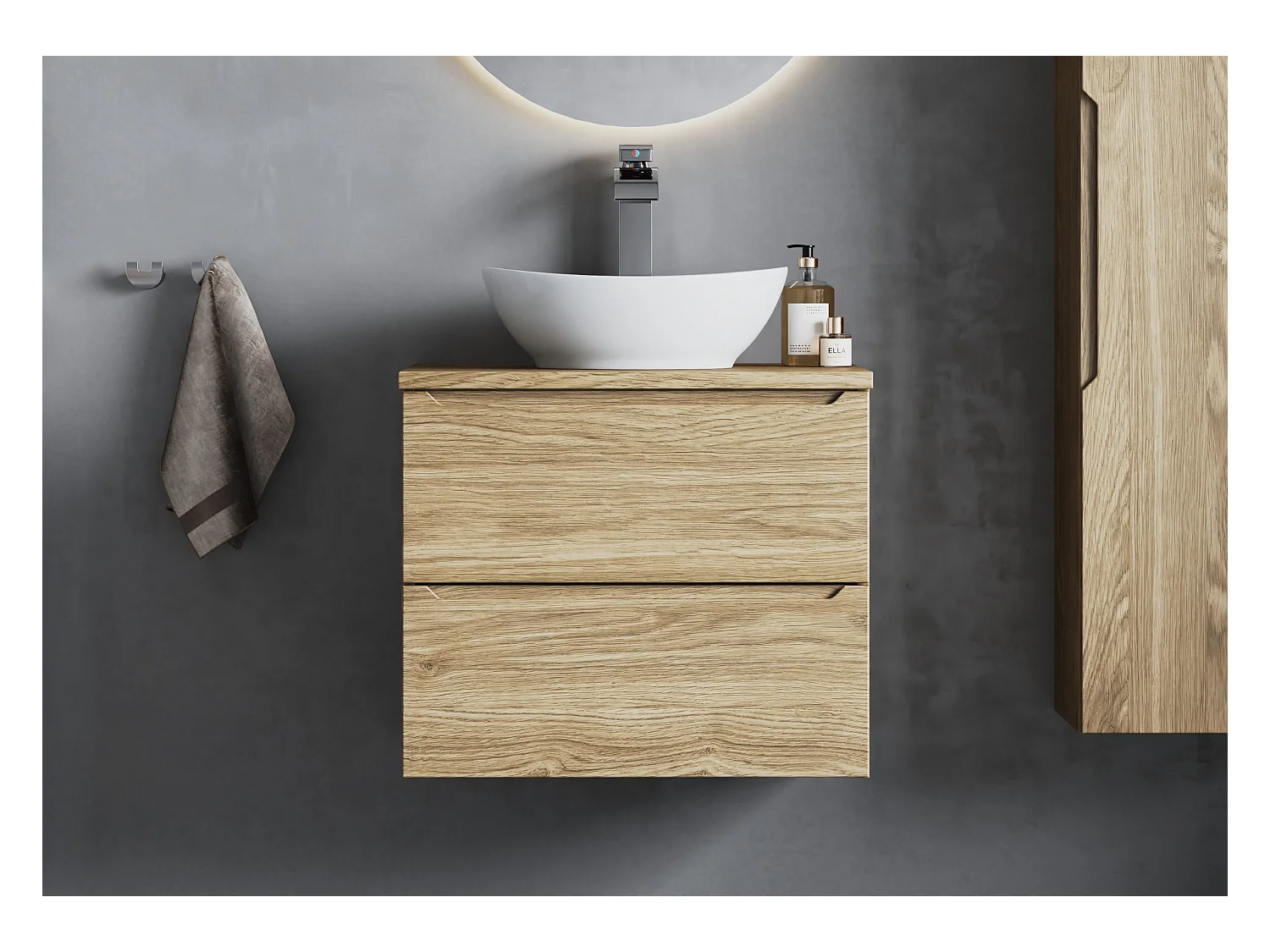 Ensemble pour salle de bain 60 cm Armoire avec plateau Chêne huilé Etna