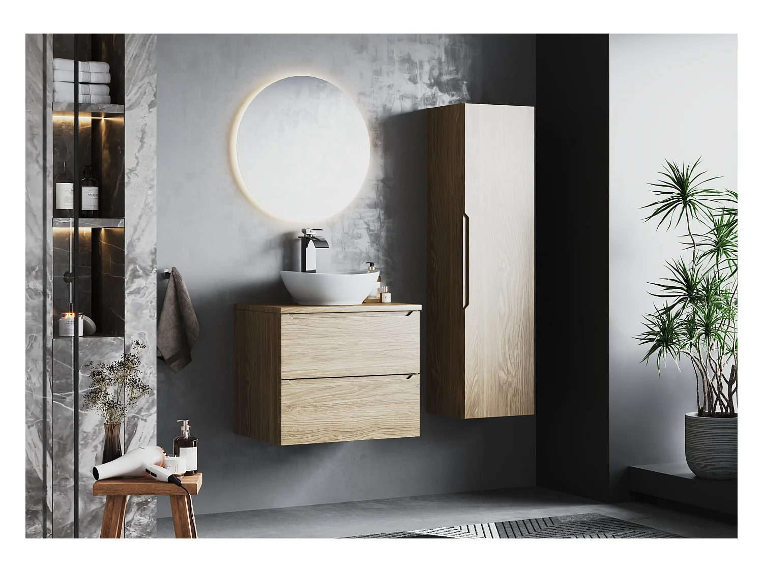 Ensemble pour salle de bain 60 cm Armoire avec plateau Chêne huilé Etna
