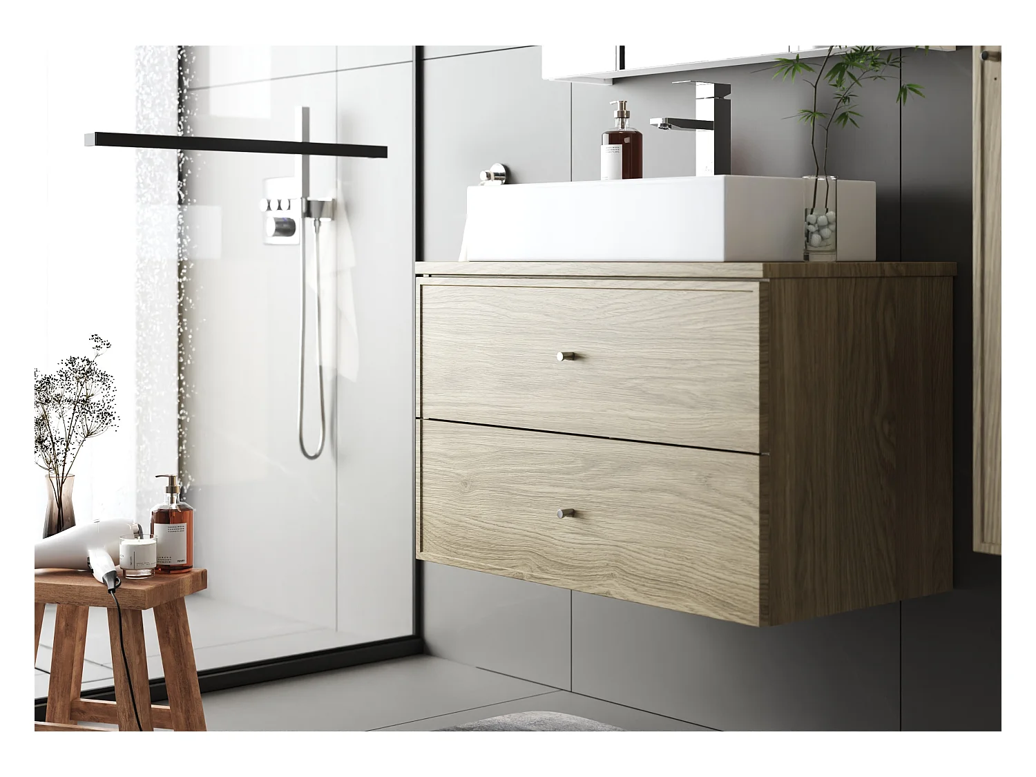 Meuble sous lavabo 80 cm 2 tiroirs Chêne huilé Marco