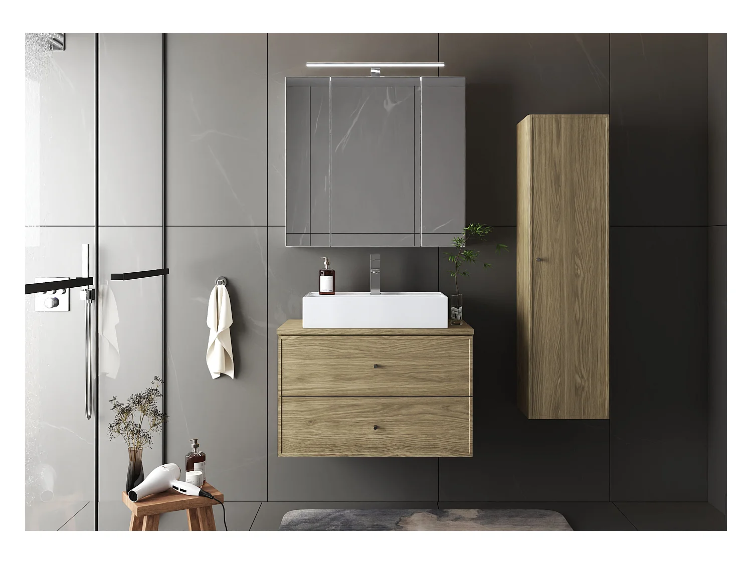 Meuble sous lavabo 80 cm 2 tiroirs Chêne huilé Marco