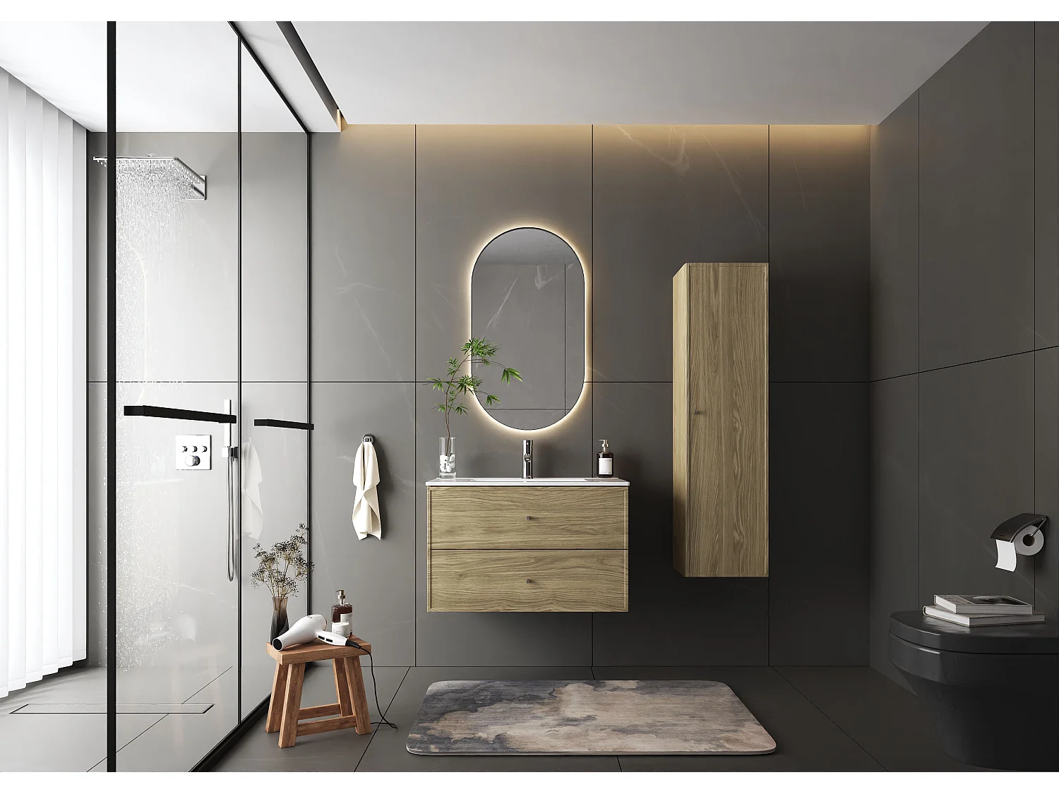 Meuble sous lavabo 80 cm 2 tiroirs Chêne huilé Marco