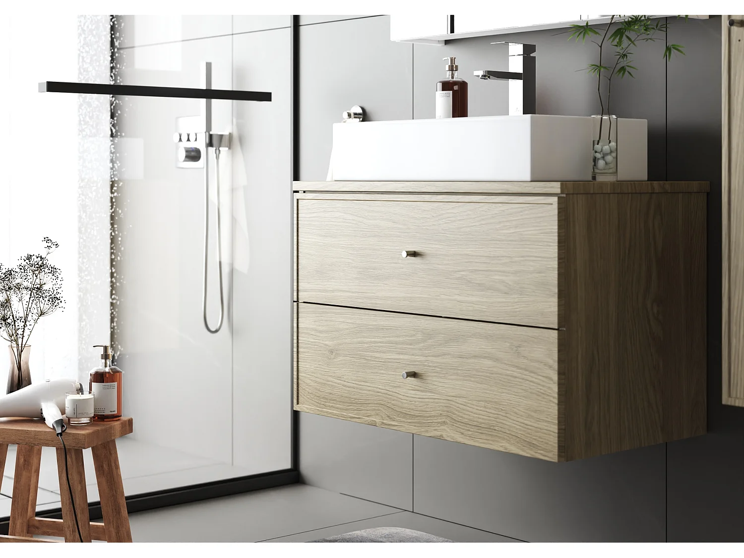 Meuble sous lavabo 80 cm 2 tiroirs Chêne huilé Marco