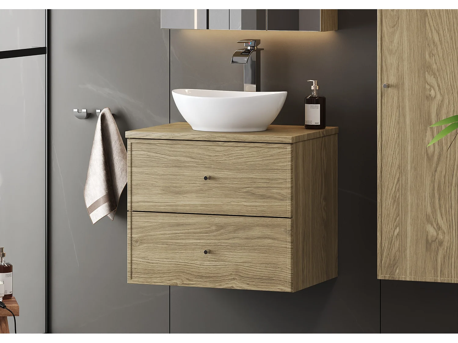 Ensemble pour salle de bain 60 cm Armoire avec plateau Chêne huilé Marco