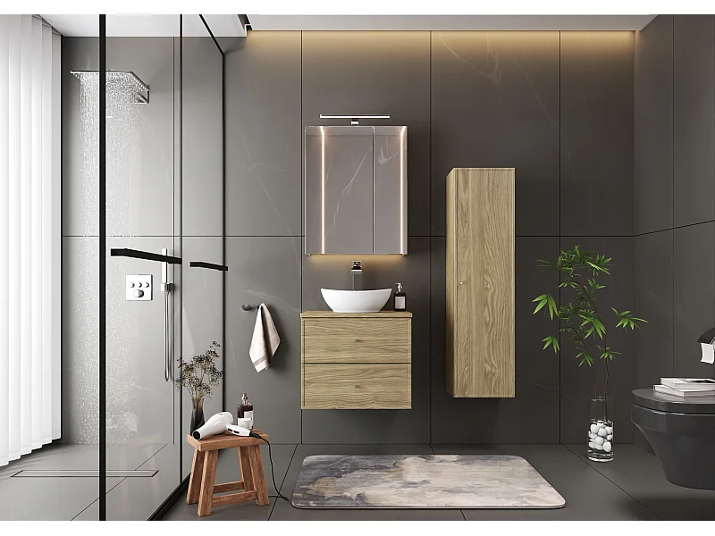 Ensemble pour salle de bain 60 cm Armoire avec plateau Chêne huilé Marco