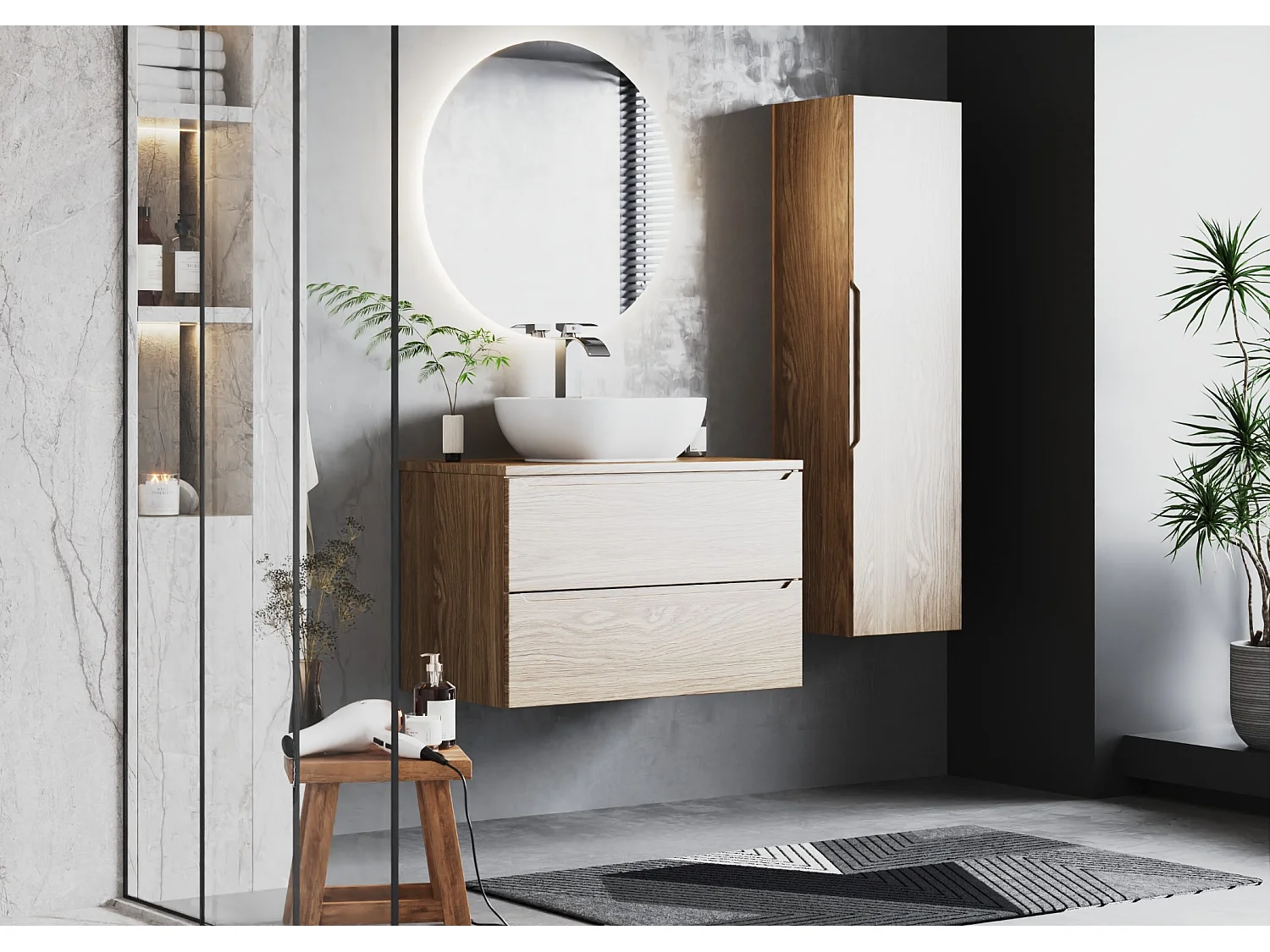 Ensemble pour salle de bain 80 cm Armoire avec plateau Chêne huilé Etna