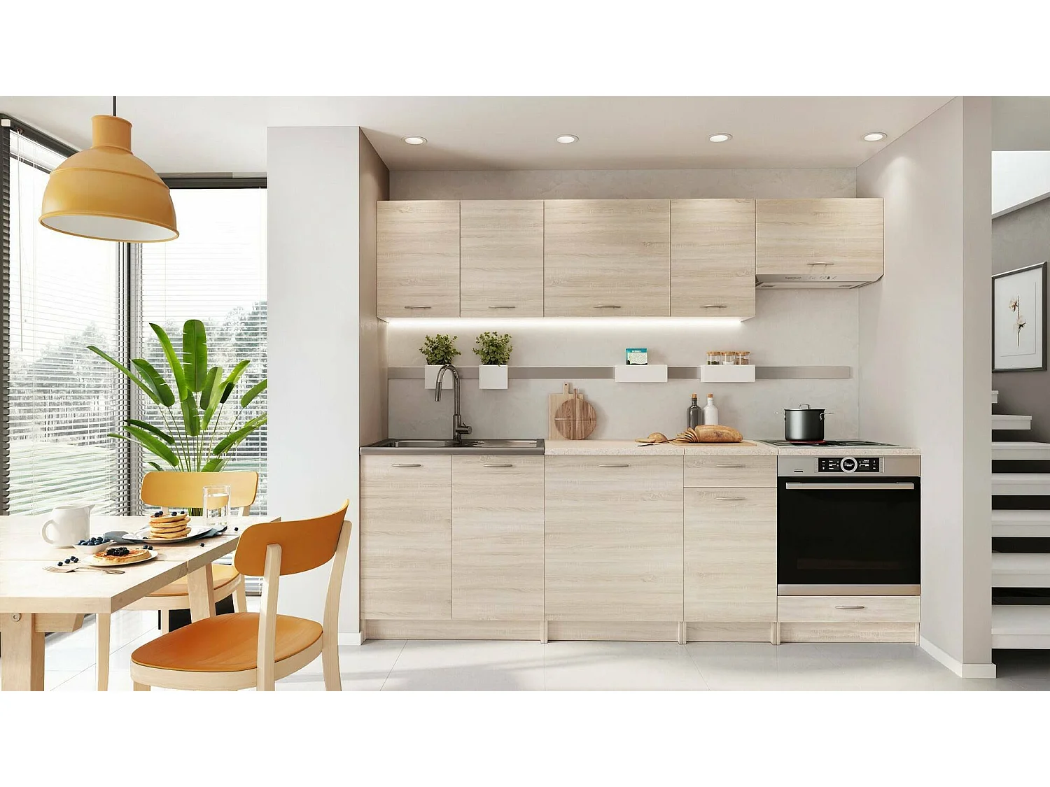 Cucina completa Camerino, Set compatto e funzionale con ante e cassetto, Rovere