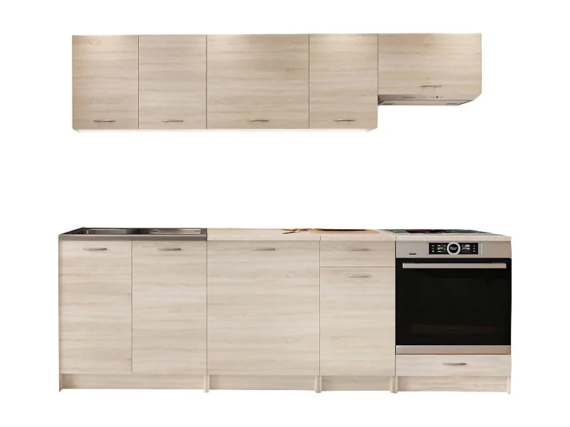 Cucina completa Camerino, Set compatto e funzionale con ante e cassetto, Rovere