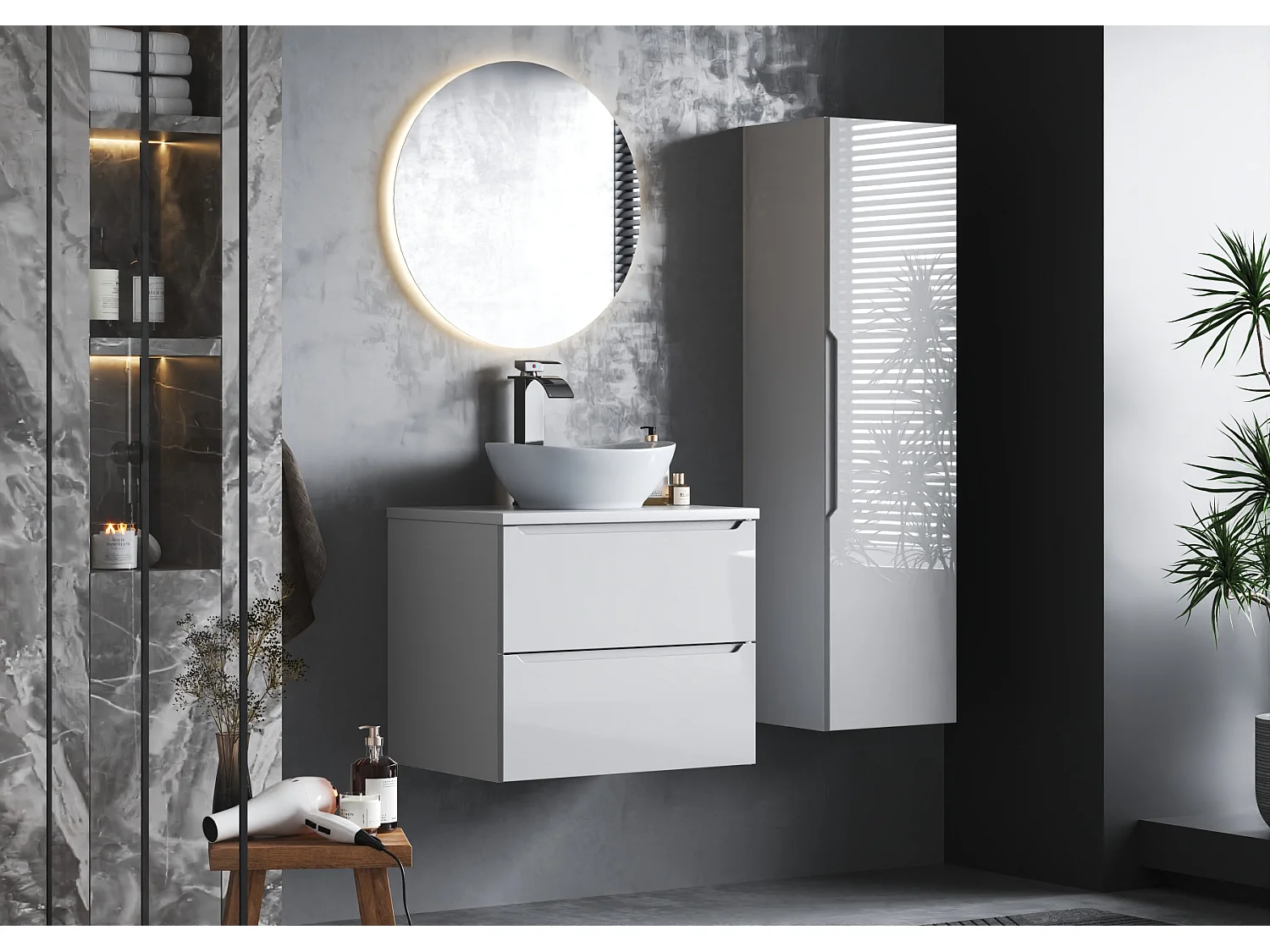 Ensemble blanc pour salle de bain 60 cm Armoire avec plateau Etna