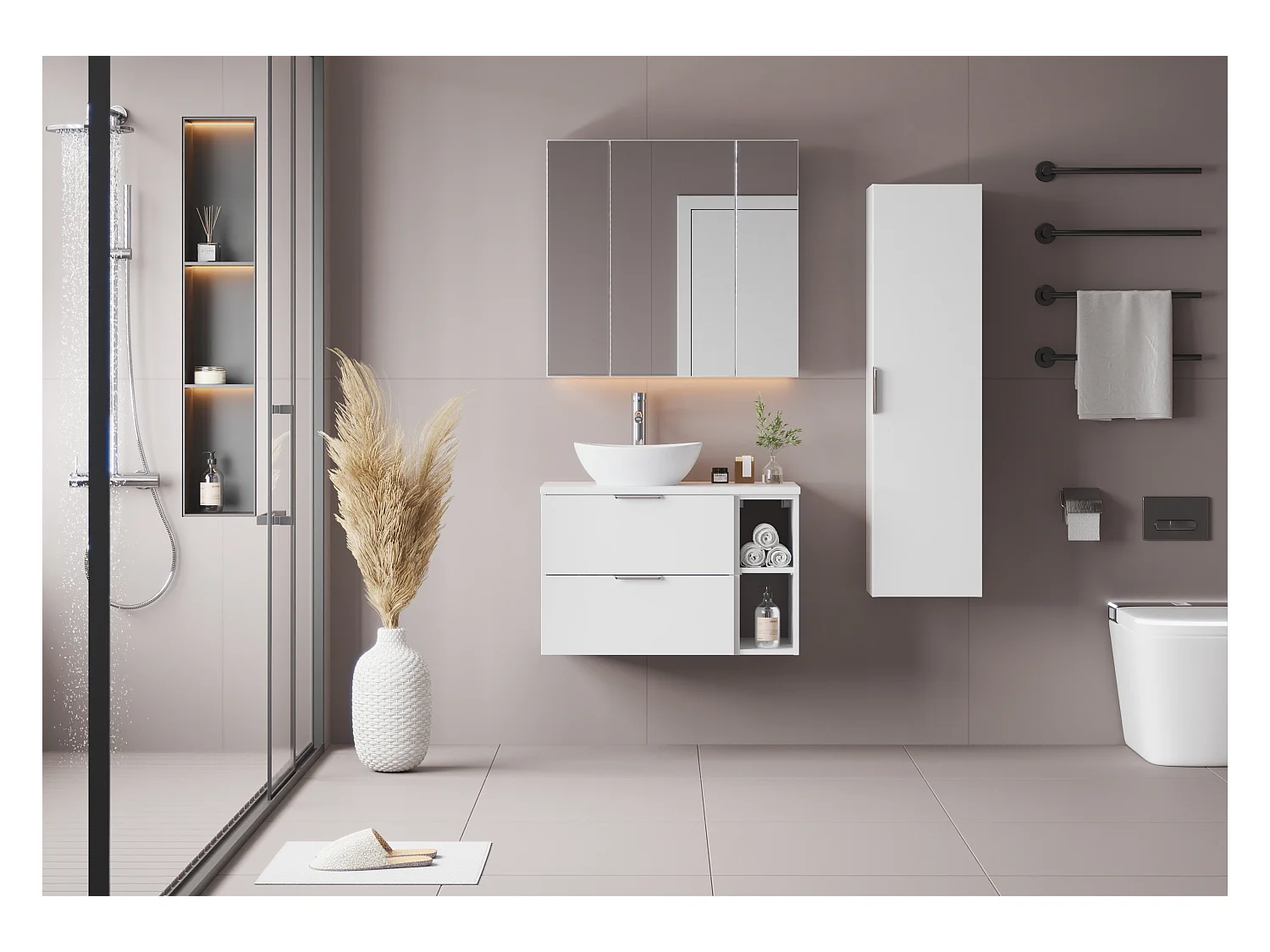 Ensemble blanc pour salle de bain 80 cm Armoire Étagère Plan de travail Pile