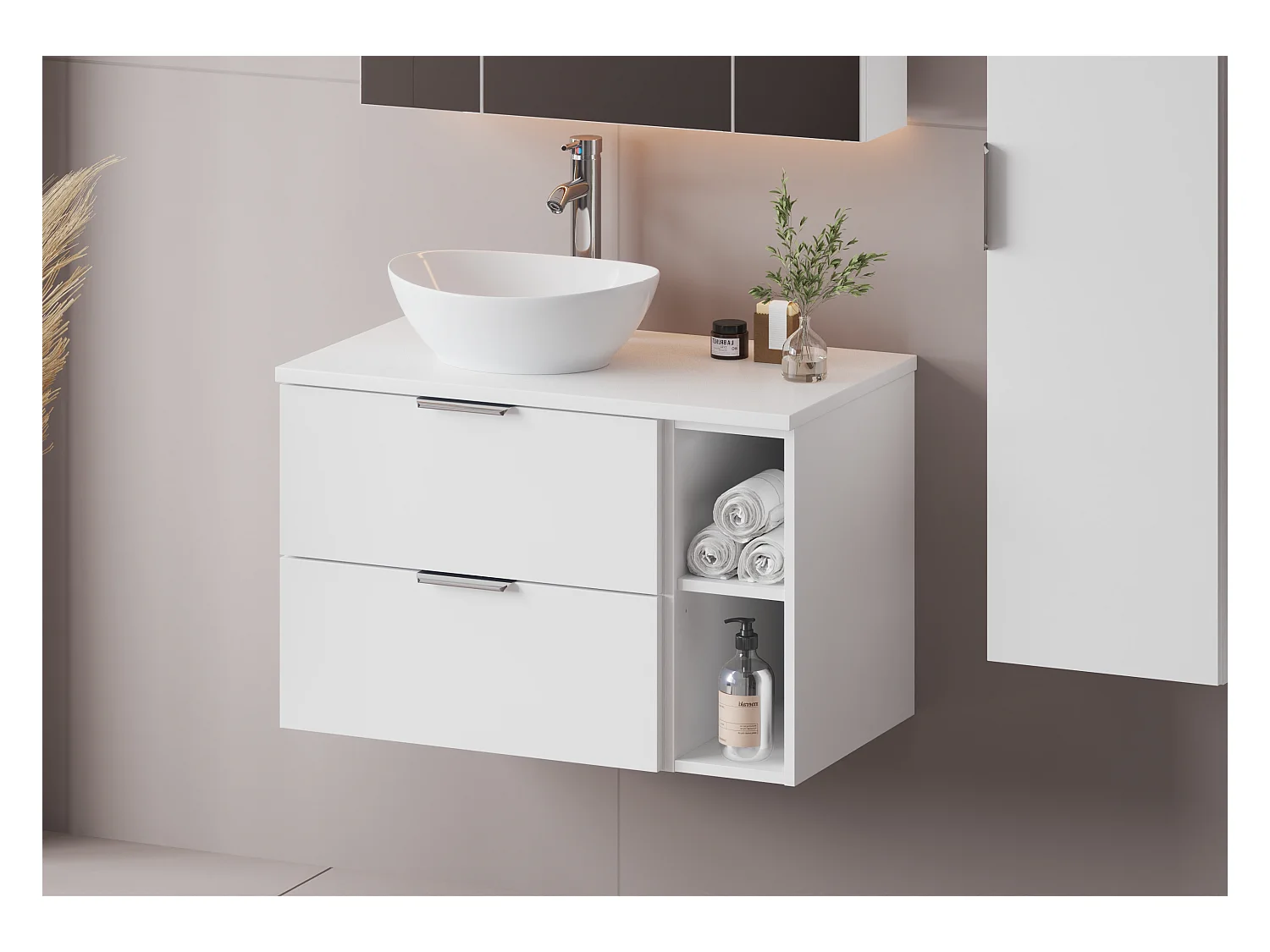 Ensemble blanc pour salle de bain 80 cm Armoire Étagère Plan de travail Pile