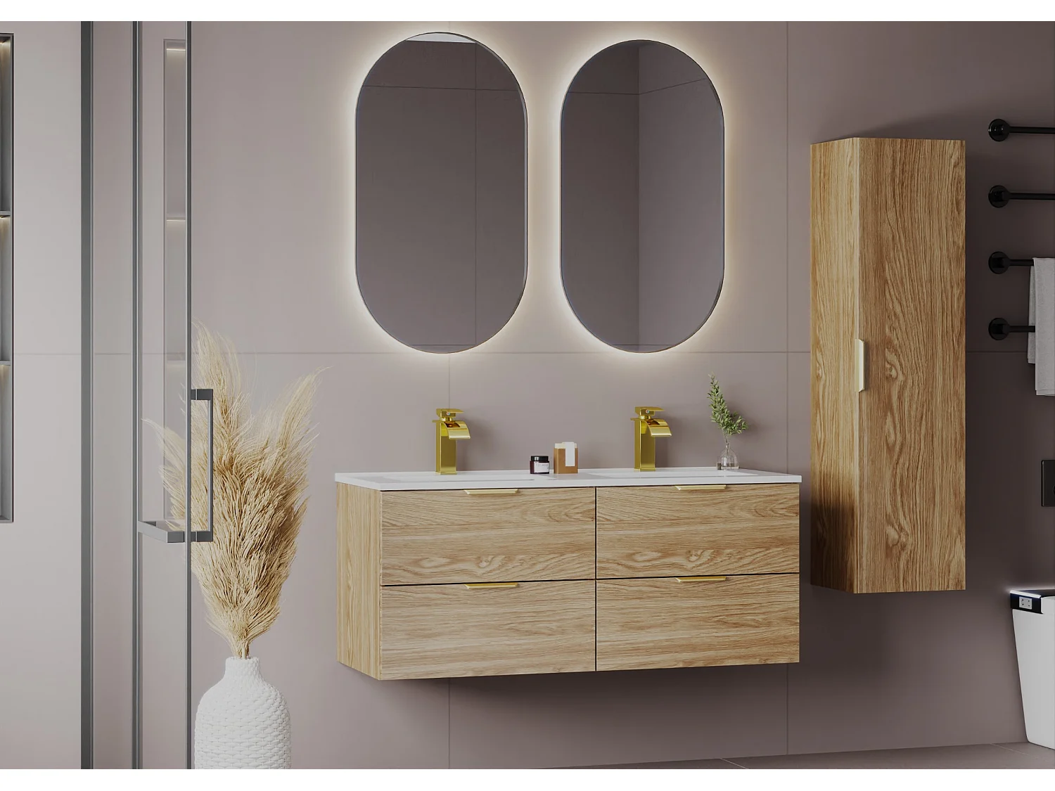 Meuble sous lavabo 60 cm 2 tiroirs Chêne huilé Pile