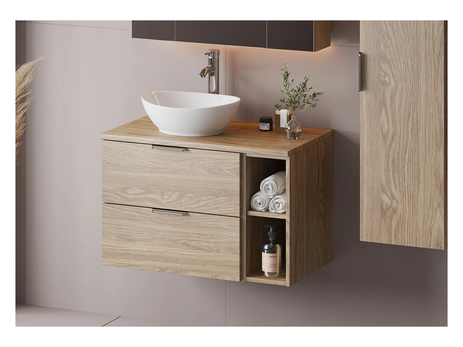 Meuble sous lavabo 60 cm 2 tiroirs Chêne huilé Pile