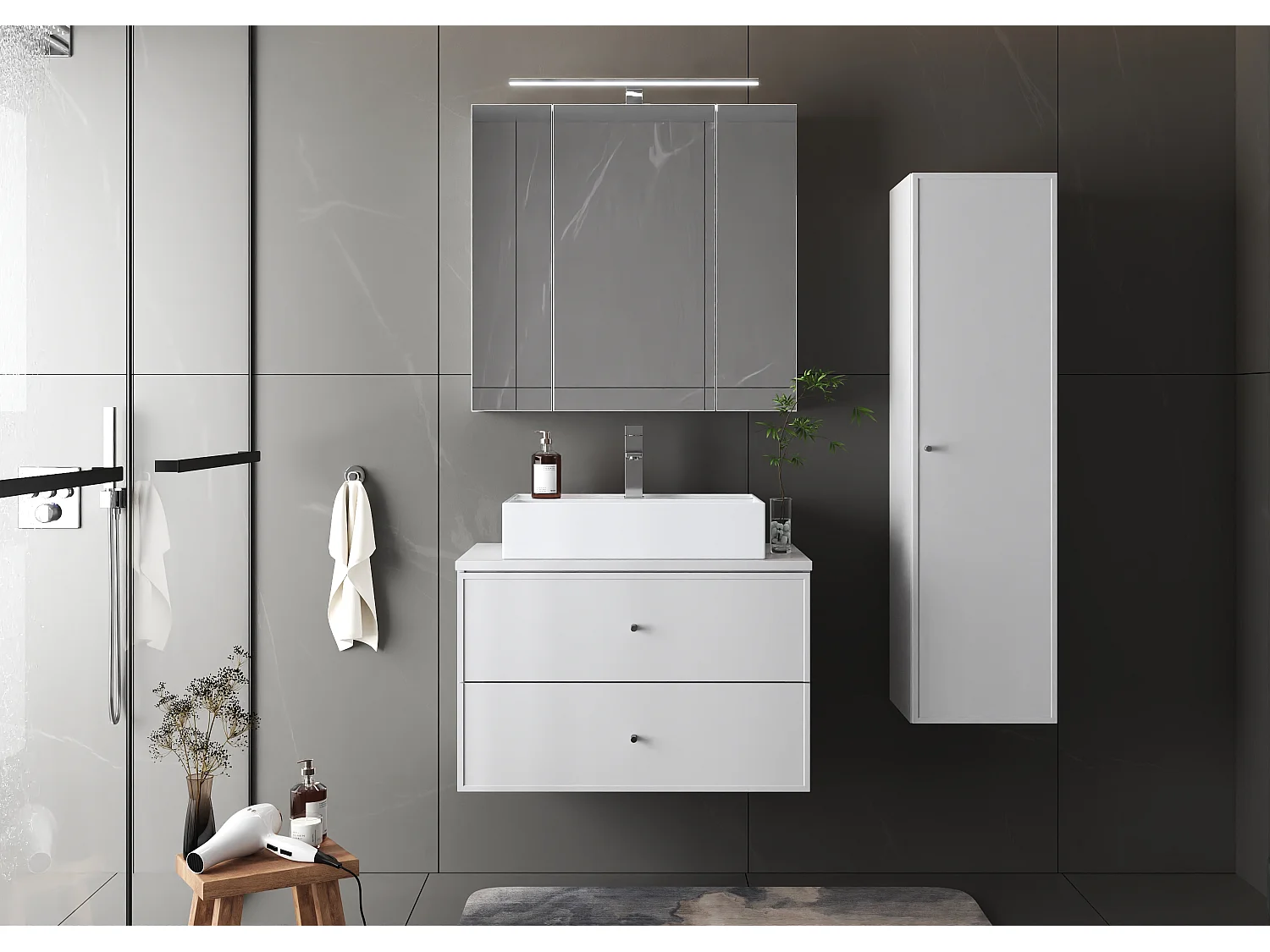 Armoire blanche sous lavabo 80 cm, 2 tiroirs Marco