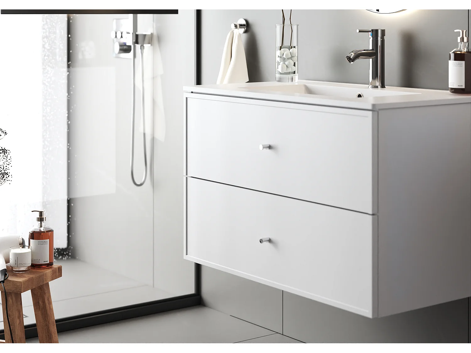 Armoire blanche sous lavabo 80 cm, 2 tiroirs Marco