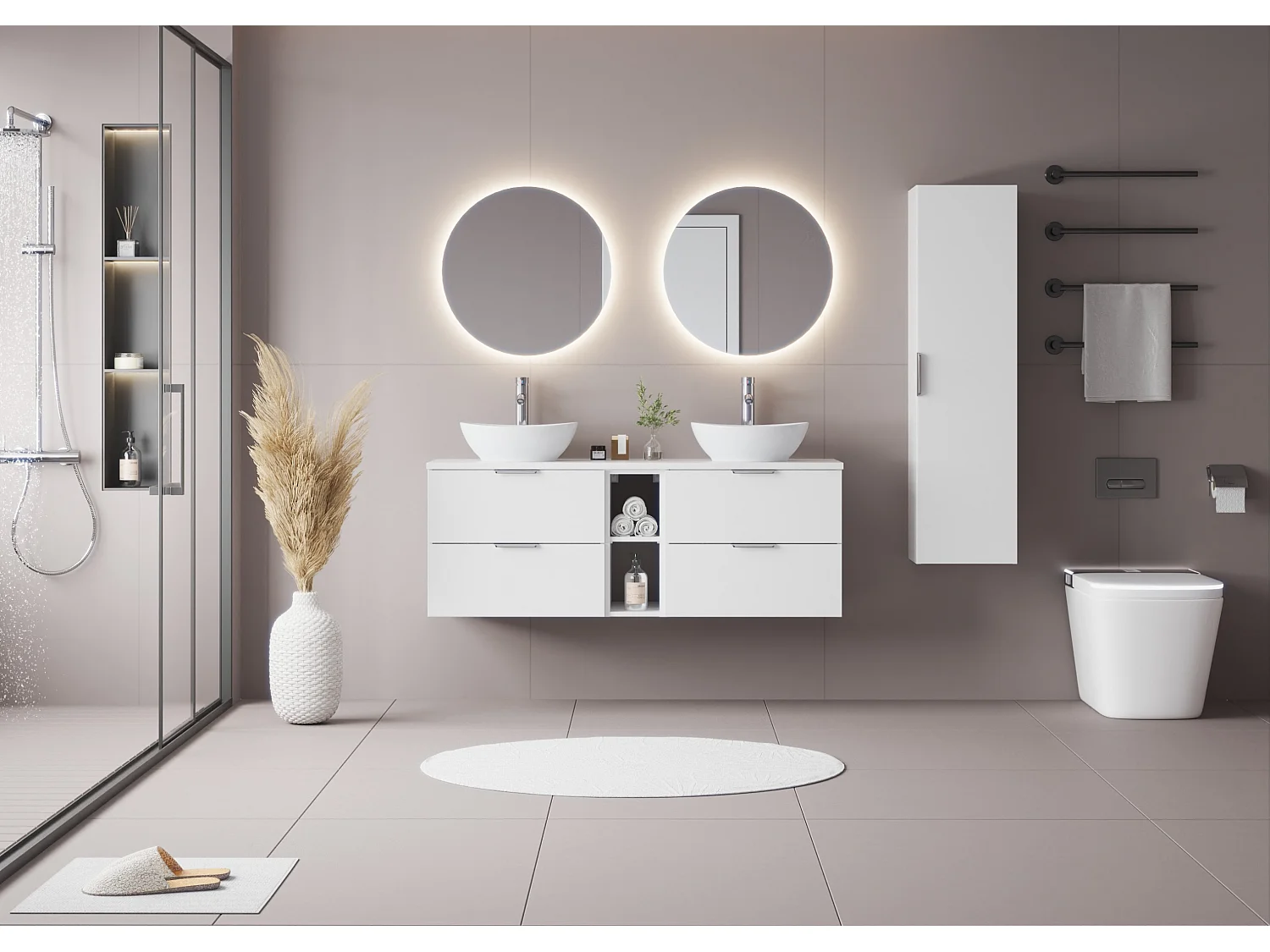 Ensemble blanc pour salle de bain 140 cm Armoire Étagère Plan de travail Pile