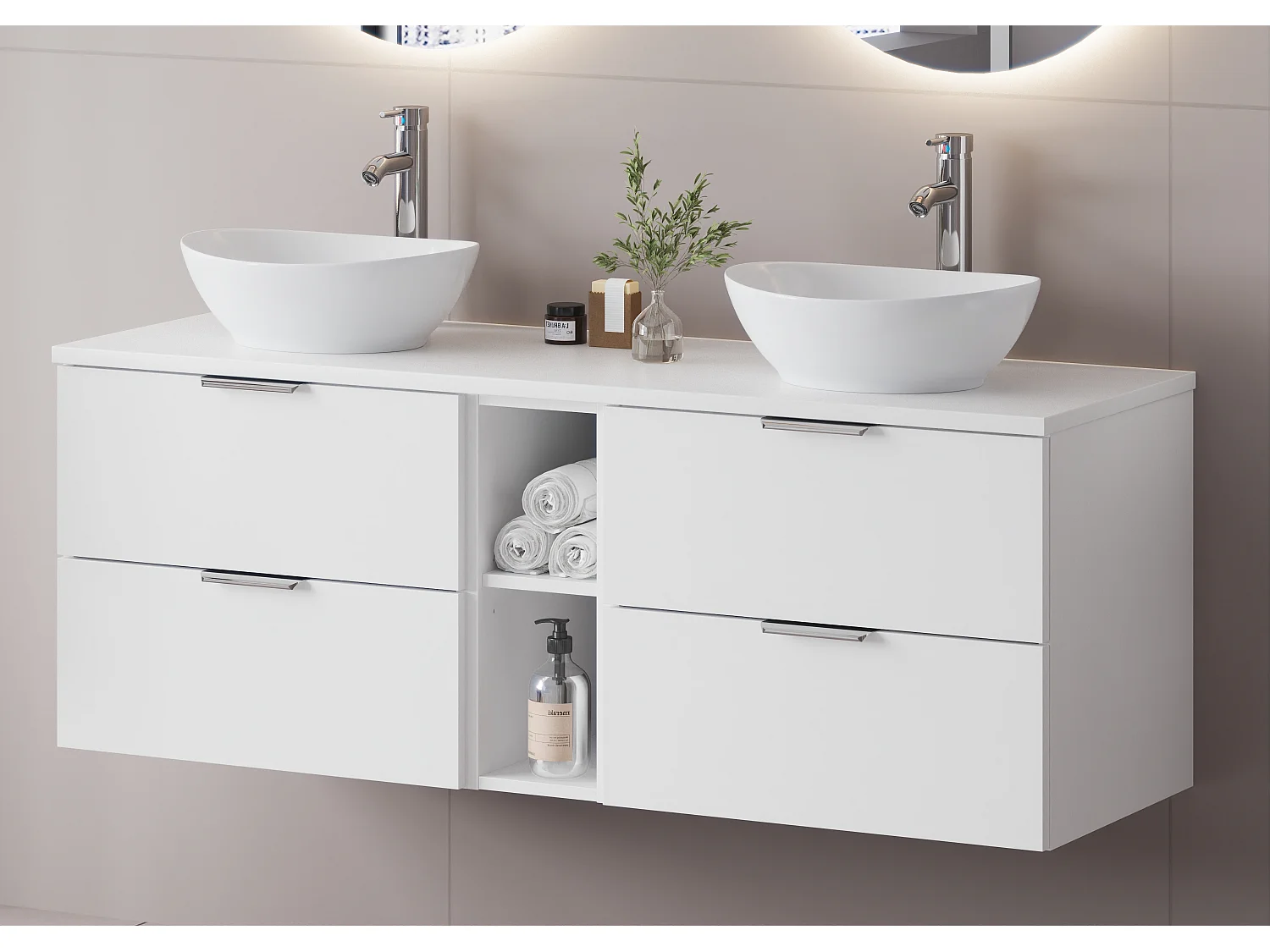 Ensemble blanc pour salle de bain 140 cm Armoire Étagère Plan de travail Pile