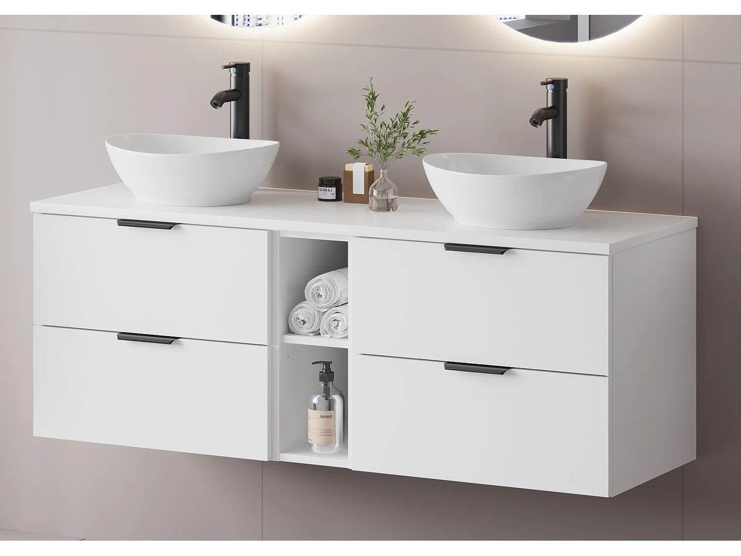 Ensemble blanc pour salle de bain 140 cm Armoire Étagère Plan de travail Pile
