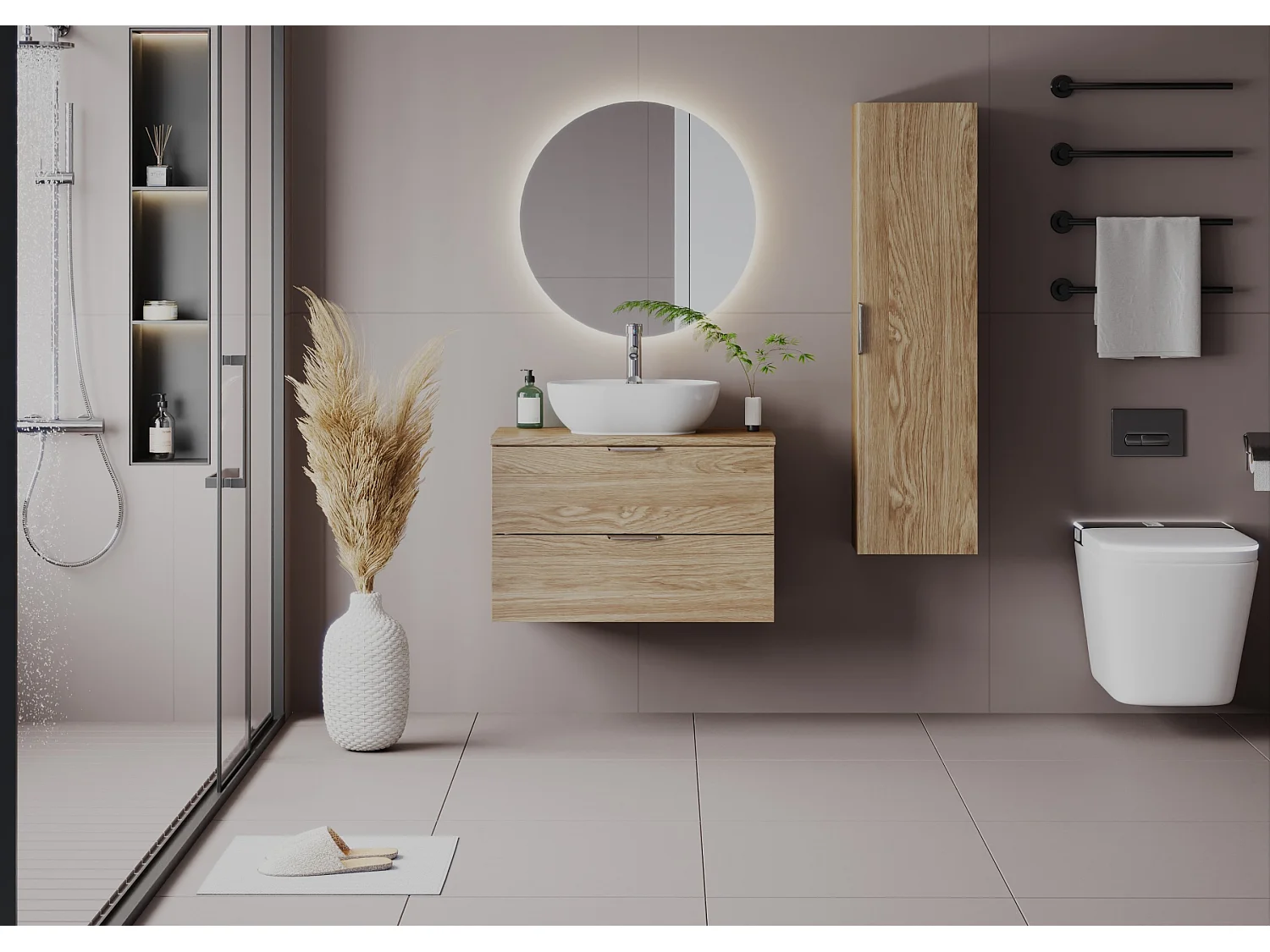 Ensemble pour salle de bain 80 cm Armoire avec plateau Chêne huilé Pile