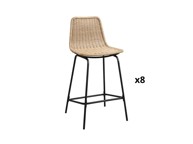 Set van 65 cm BALI metalen eiland en barkrukken met rotan zitting