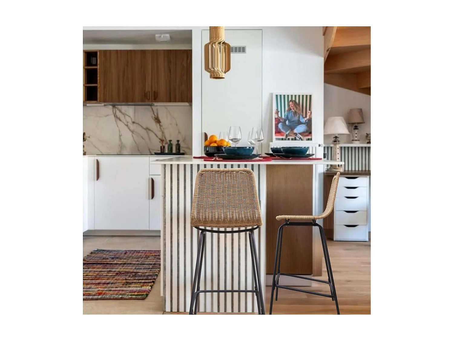 Set di sgabelli da bar e isola in metallo con seduta in rattan 65 cm BALI