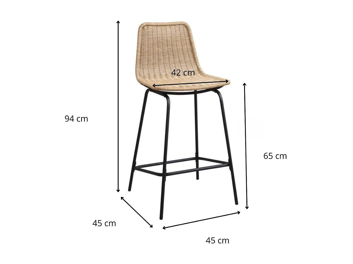 Conjunto taburetes de bar BALI de metal de 65 cm con asiento de ratán