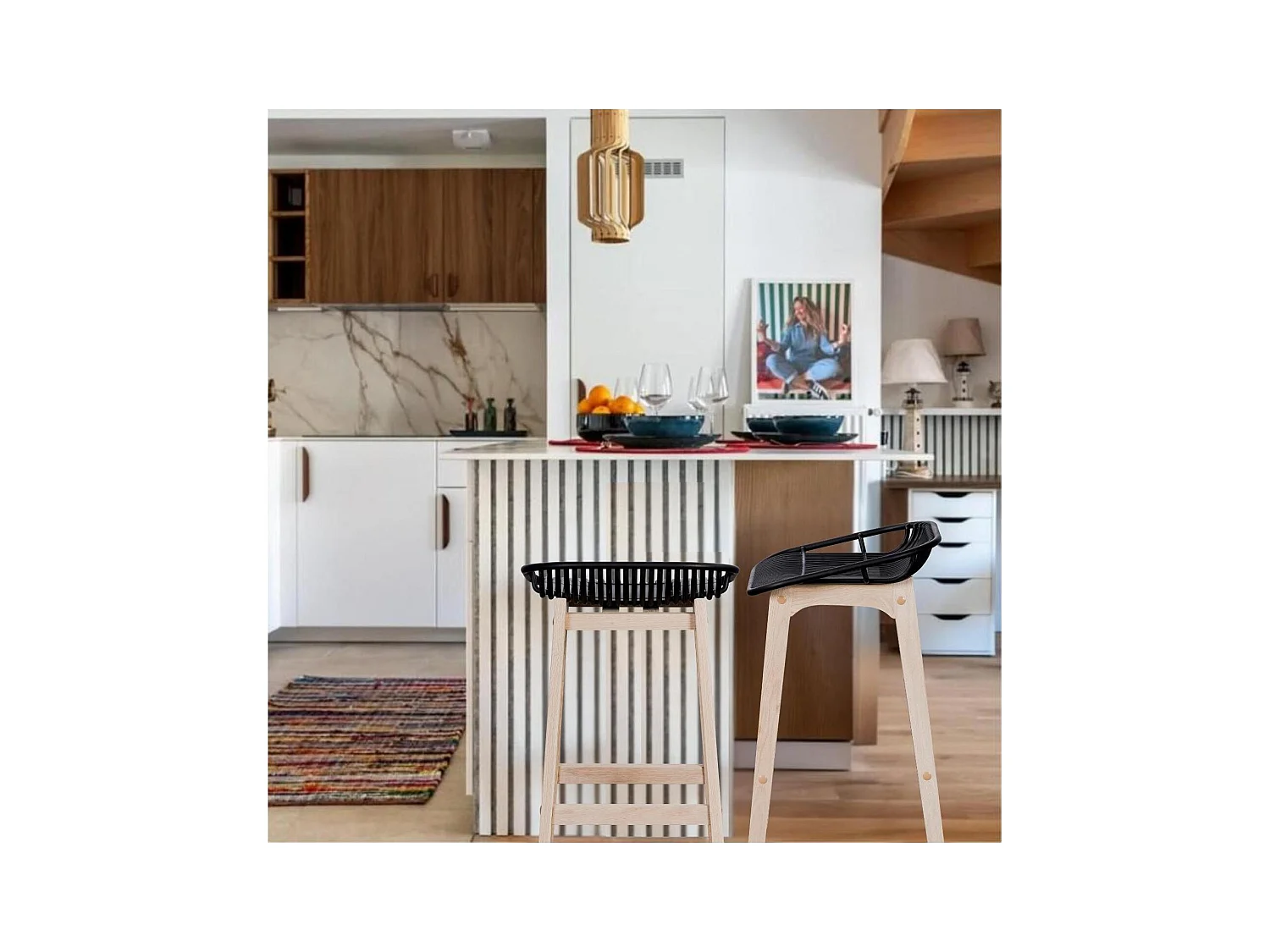 Set di sedie da bar e isola in rovere MALMO da 65 cm con seduta in plastica