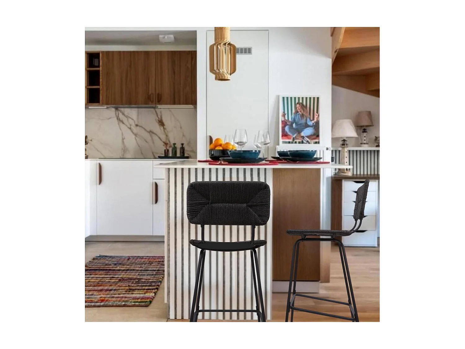 Set di sgabelli da bar e isola in metallo con seduta in rattan 65 cm NEMA