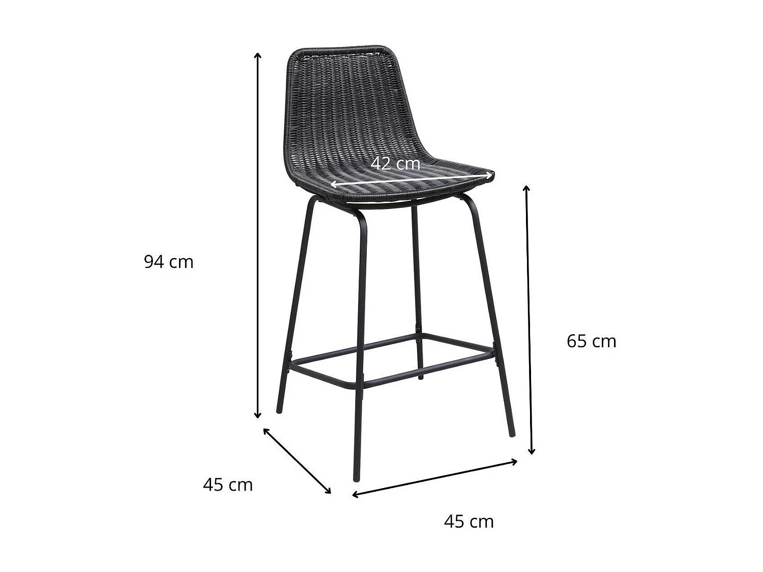Conjunto taburetes de bar BALI de metal de 65 cm con asiento de ratán