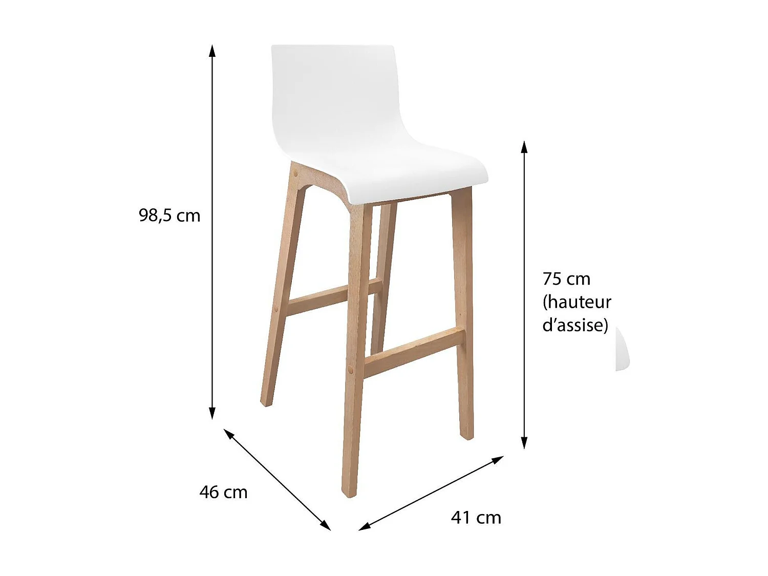 Conjunto de taburetes de bar TANNA de roble de 75 cm con asiento de plástico blanco