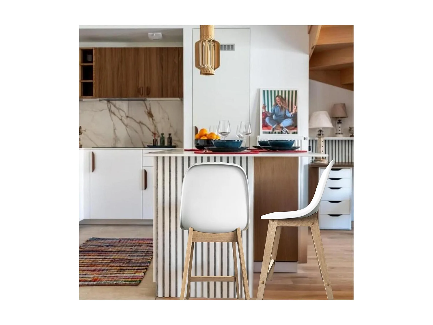 Set aus Insel- und Barstühlen aus Eiche mit 65 cm Kunststoffsitzfläche ELIOS