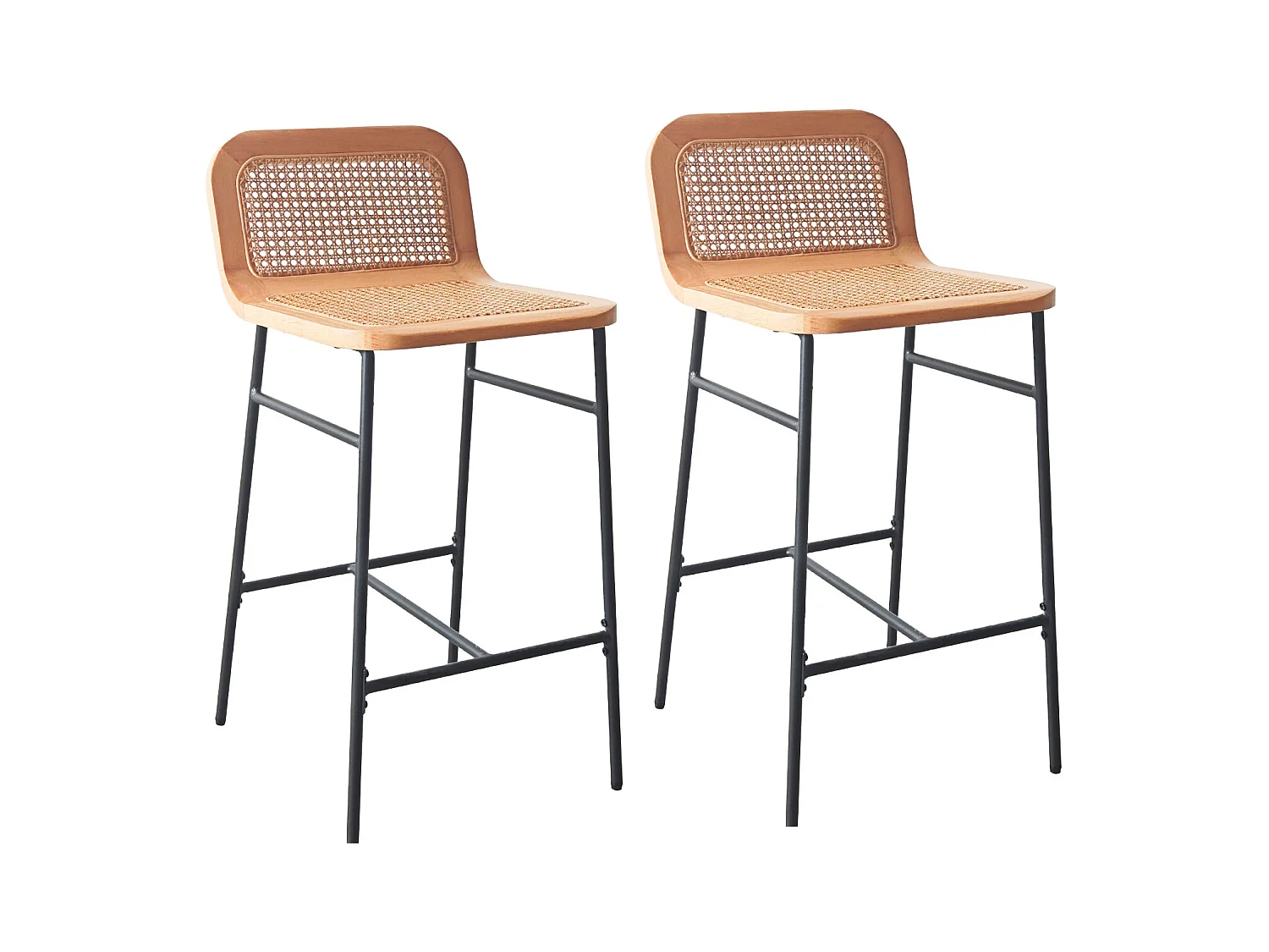 Lot de chaises d'îlot et bar en métal et assise cannage H65cm